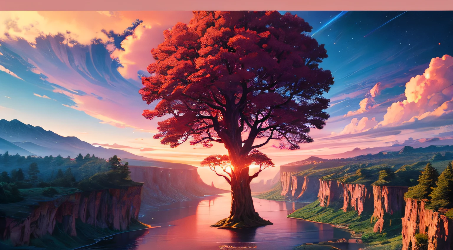 fantasy world red gradient sunset, Floating islands, space view of a comet, huge river and waterfalls, ancient tree ekdrasil, Flying Fairies, many green trees