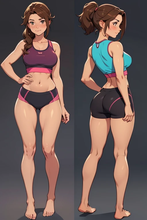 Front and back fullbody image of a beautiful barefoot  happy blushing brownhaired woman wearing short workout clothes.