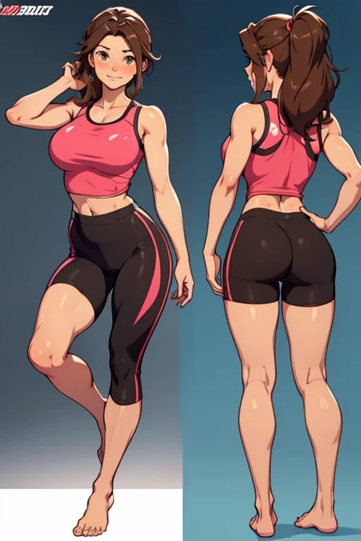 Front and back fullbody image of a beautiful barefoot happy blushing brownhaired woman wearing short workout clothes.
