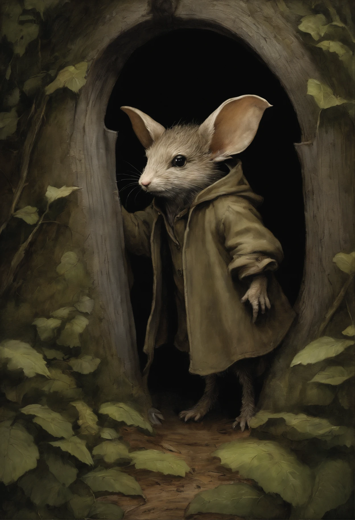 真实感, dark fantasy style, John Tolkien style, Small painting by Jean-Baptiste Monge, furry gremlin with big ears, jerboa-like, Dressed in a raincoat, looking out of the hole , woods, Big Oak, jean - baptiste monge, anthropomorphic --ar 2:3 --testp -optimistic;