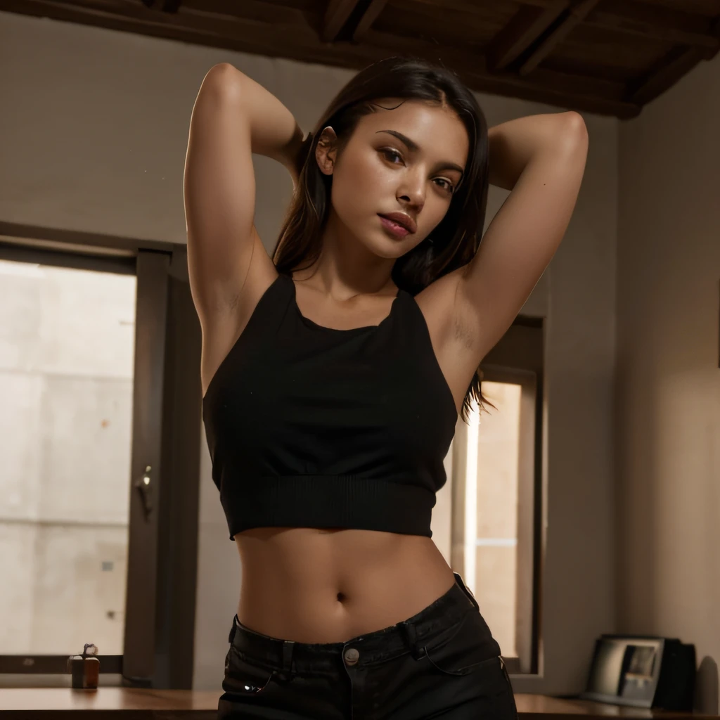 a woman in a black crop top and shorts is posing, in the style of cluj school, realist: lifelike accuracy, webcam, dark brown, 32k uhd, beautiful women, sparse and simple