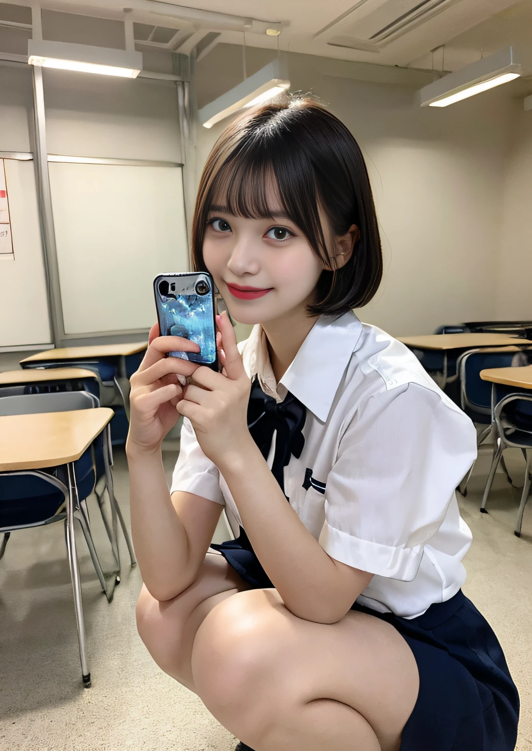 Female duo、finely detail, Calling、Holding a smartphone in your hand、hight resolution, hightquality、Bob Layer Cut、Perfect dynamic composition, Beautiful detailed eyes, Bob Layer Cut、From Verase、From below、From below、school classrooms、Squatting、long legged、despise、Looking at the camera、Random Poses、Natural Color Lip, 23years old、two individuals、shipping、Transparent skin、School Uniforms、Random Poses、Glowing hair、Inside the school、Fashionable clothes、Shibuya、Gelato Pique、a room、friend with beautiful legs、Shake your head、Laugh、A smile