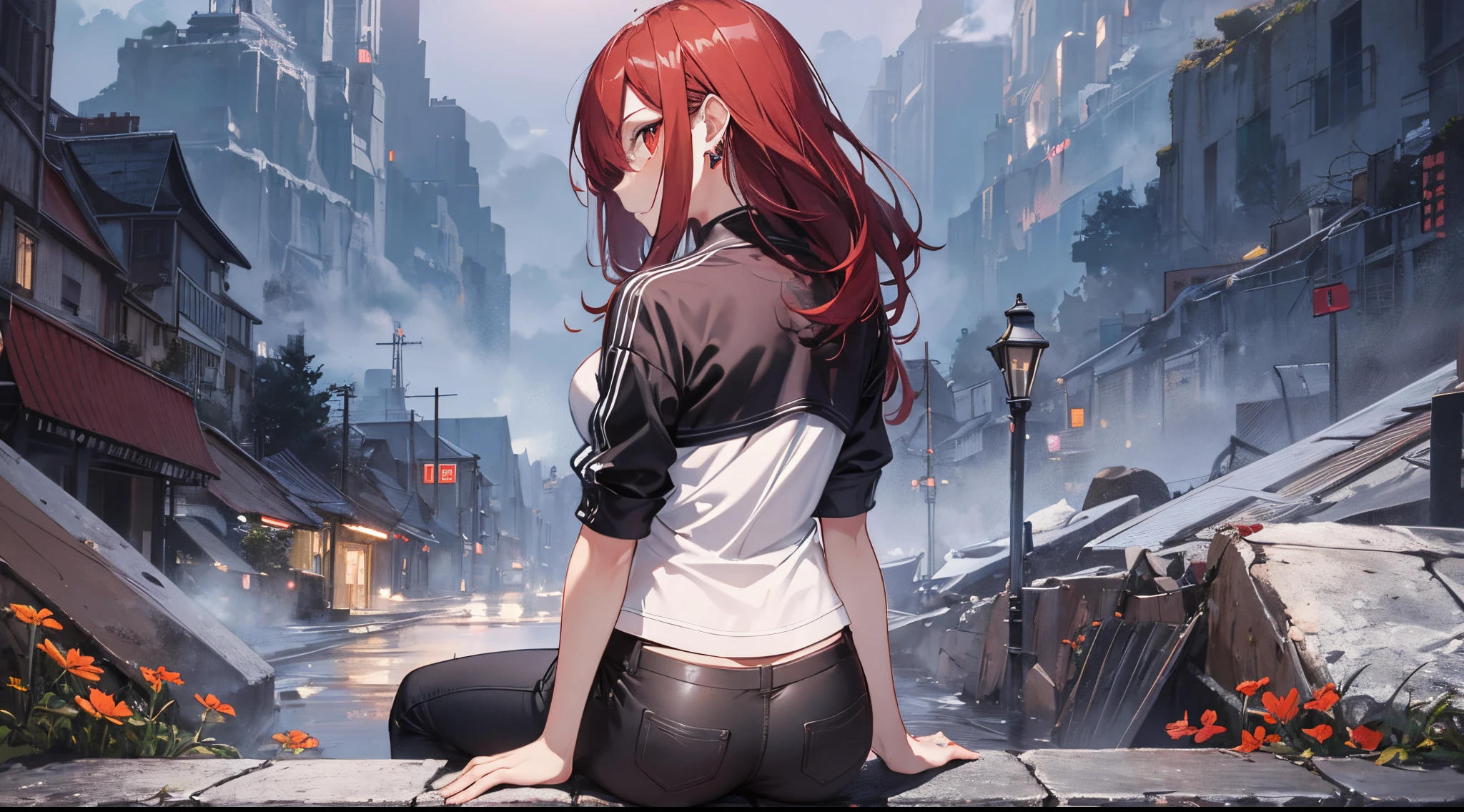 ((tmasterpiece:1.4, Best quality at best))+, (hyper-detailing)+, (exquisite red eye:1.5)+, (Detailed ears:1.5), (cute girls), (White undershirt,black long pants:1.5), Tight black silk, Very long hair, (Red Odachi:1.2), pale-skinned, (red cloth:1.5), (cloth shoes:1.4), 废墟, Sitting on a park bench,stone statue, gold earring, dense fog, delicate legs, (Wanderers:1.1), (dawn light:1.2), ), (closeup cleavage:1.1), the only person, Hairbell, red hair clothes, hair covering one eye, V-shaped eyebrows, Gloom (have expressed), from back, from the above, Best quality at best, A high resolution, high detal, high high quality, 16k