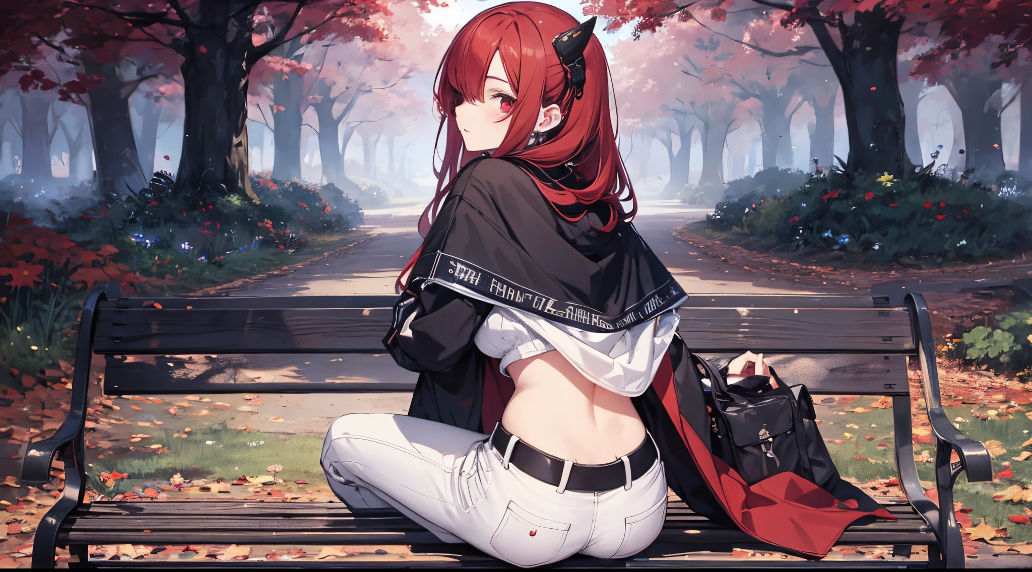 ((tmasterpiece:1.4, Best quality at best))+, (hyper-detailing)+, (exquisite red eye:1.5)+, (Detailed ears:1.5), (cute girls), (White undershirt,black long pants:1.5), Tight black silk, Very long hair, (Red Odachi:1.2), pale-skinned, (red cloth:1.5), (cloth shoes:1.4), 废墟, Sitting on a park bench,stone statue, gold earring, dense fog, delicate legs, (Wanderers:1.1), (dawn light:1.2), ), (closeup cleavage:1.1), the only person, Hairbell, red hair clothes, hair covering one eye, V-shaped eyebrows, Gloom (have expressed), from back, from the above, Best quality at best, A high resolution, high detal, high high quality, 16k