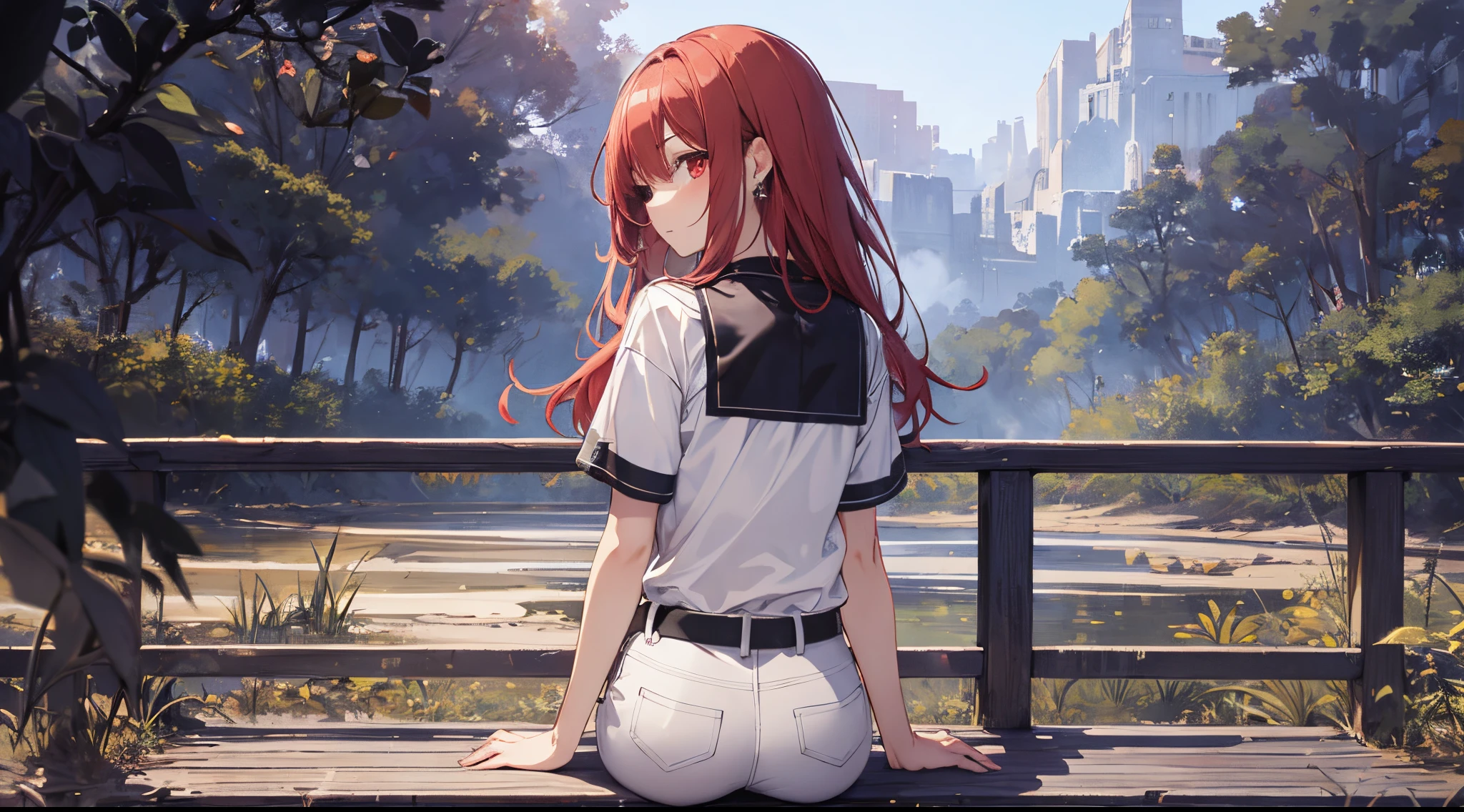 ((tmasterpiece:1.4, Best quality at best))+, (hyper-detailing)+, (exquisite red eye:1.5)+, (Detailed ears:1.5), (cute girls), (White undershirt,black long pants:1.5), Tight black silk, Very long hair, (Red Odachi:1.2), pale-skinned, (red cloth:1.5), (cloth shoes:1.4), 废墟, Sitting on a park bench,stone statue, gold earring, dense fog, delicate legs, (Wanderers:1.1), (dawn light:1.2), ), (closeup cleavage:1.1), the only person, Hairbell, red hair clothes, hair covering one eye, V-shaped eyebrows, Gloom (have expressed), from back, from the above, Best quality at best, A high resolution, high detal, high high quality, 16k