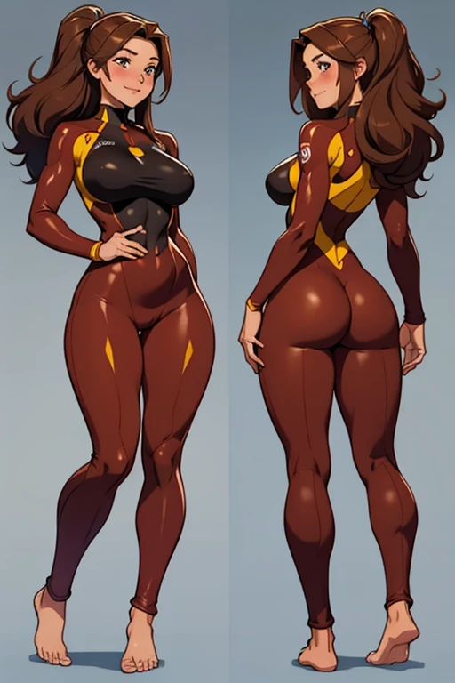 Front and back fullbody image of a beautiful barefoot happy blushing brownhaired woman wearing a skintight bodysuit.