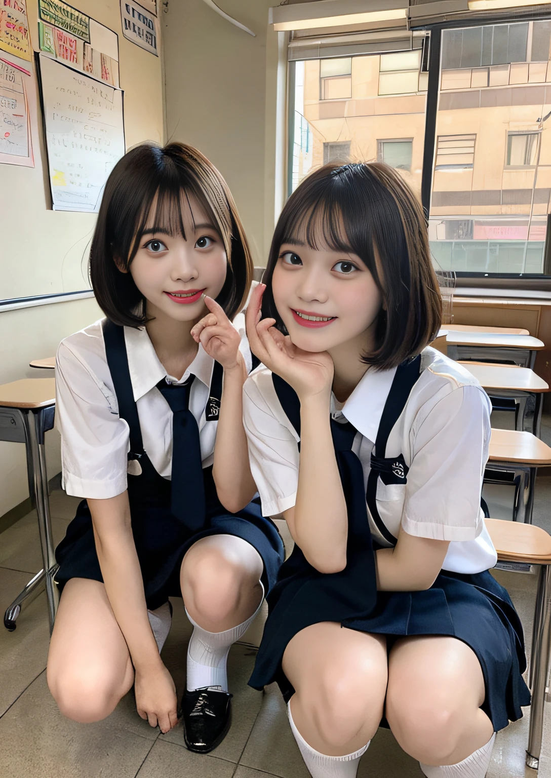 Female duo、finely detail, hight resolution, hightquality、Bob Layer Cut、Perfect dynamic composition, Beautiful detailed eyes, Bob Layer Cut、From Verase、From below、From below、school classrooms、Squatting、long legged、despise、Looking at the camera、Random Poses、Natural Color Lip, 23years old、two individuals、shipping、Transparent skin、School Uniforms、Random Poses、Glowing hair、Inside the school、Fashionable clothes、Shibuya、Gelato Pique、a room、friend with beautiful legs、Shake your head、Laugh、A smile