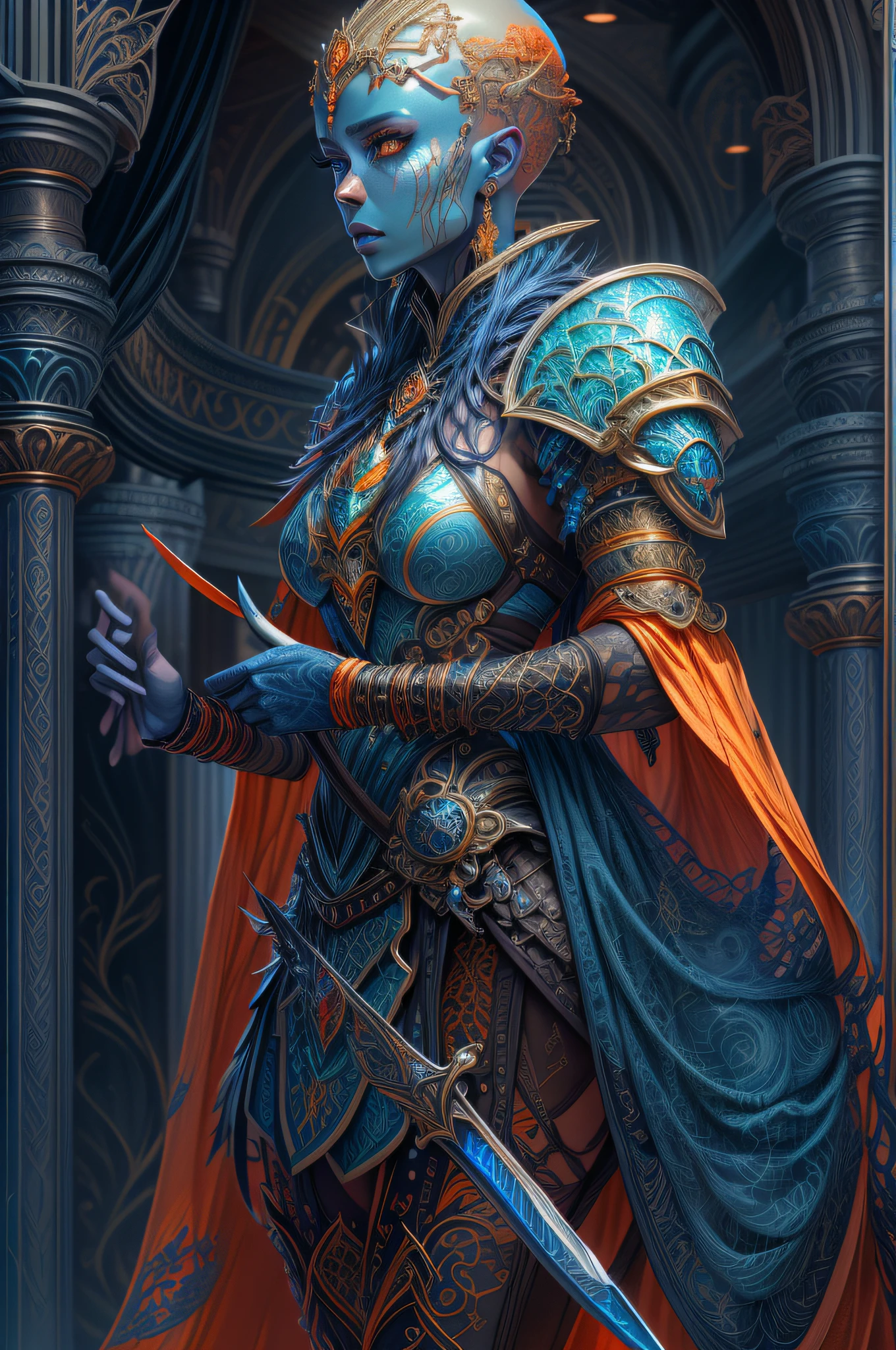 fantasy art, dnd art, RPG art, wide shot, (masterpiece:1.3), full body intense details, highly detailed, photorealistic, best quality, highres, portrait of a exotic race female (fantasy art, Masterpiece, best quality: 1.3) (blue colored skin: 1.3), intense details facial detail fantasy art, Masterpiece, best quality)cleric, (blue colored skin: 1.3) 1person blue_skin, (bold head: 1.4), intense green eye, fantasy art, Masterpiece, best quality) armed a fiery sword red fire, wearing heavy (white: 1.3) half plate mail armor LnF wearing high heeled laced boots, wearing an(orange :1.3) cloak within fantasy temple near river background and sun and clouds, reflection light, high details, best quality, 16k, [ultra detailed], masterpiece, best quality, (extremely detailed), dynamic angle, ultra wide shot, photorealistic, RAW, fantasy art, dnd art, fantasy art, realistic art