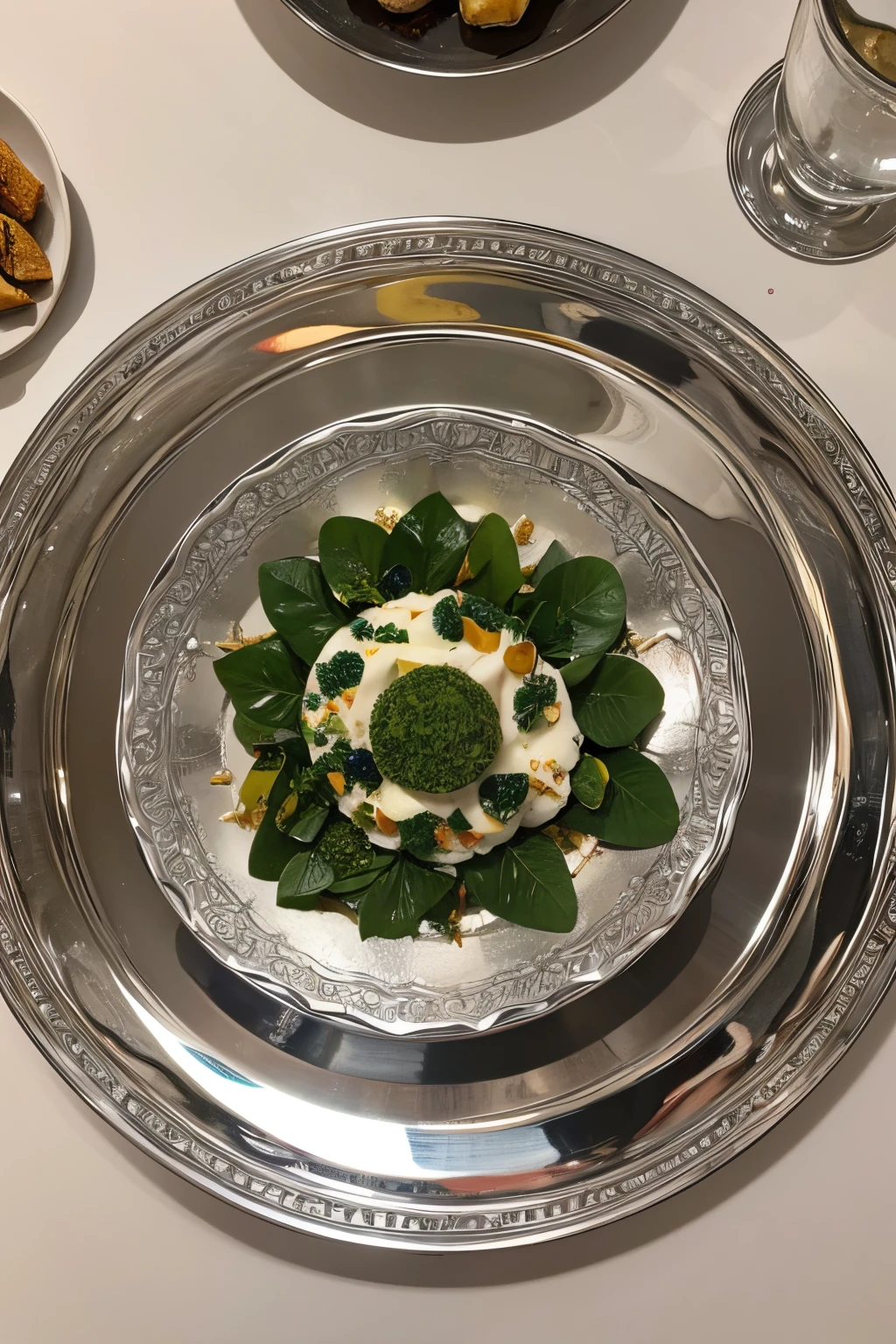 a large silver platter on the table、Photograph seen from directly above