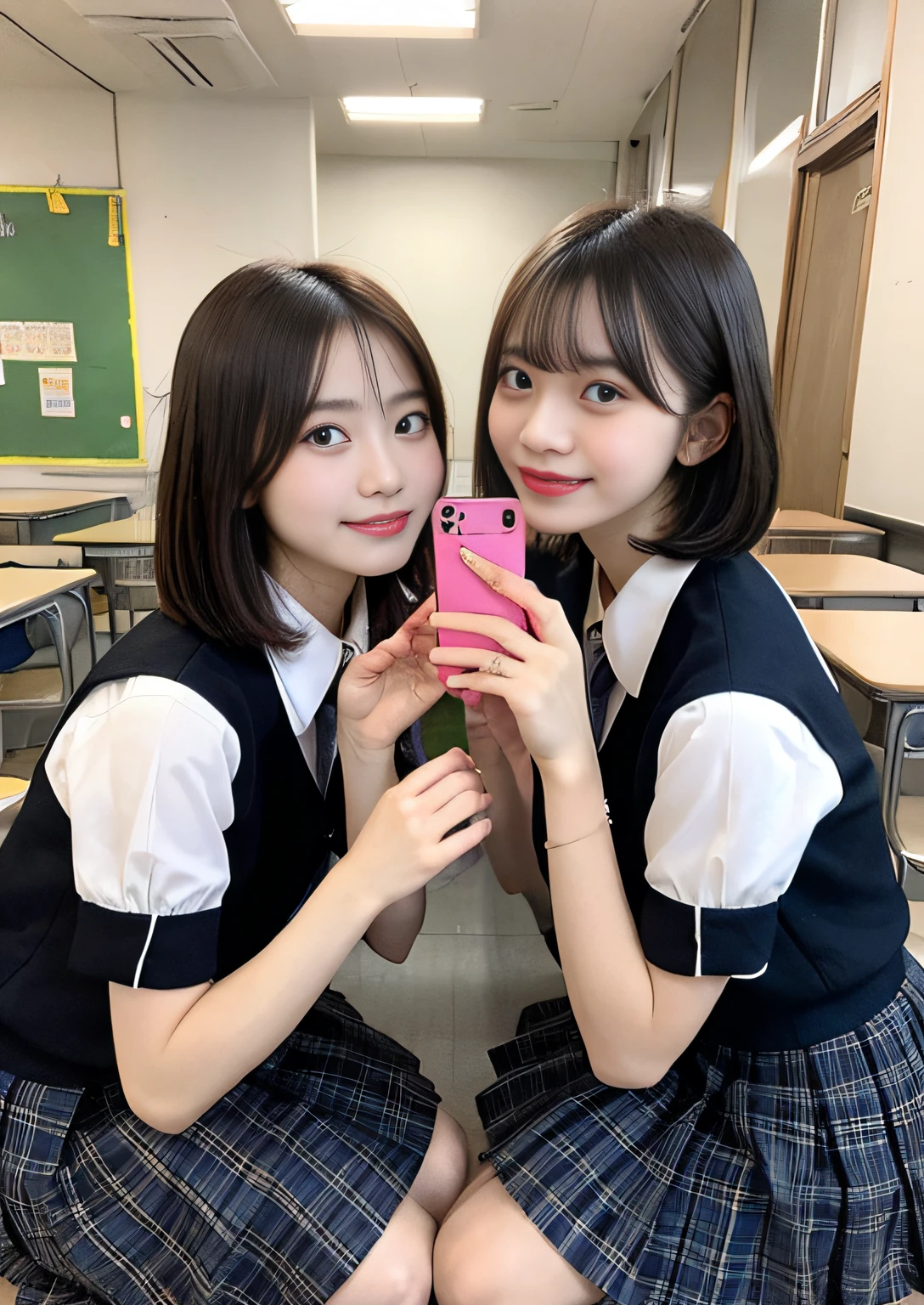 Female duo、finely detail, Calling、Holding a smartphone in your hand、hight resolution, hightquality、Bob Layer Cut、Perfect dynamic composition, Beautiful detailed eyes, Bob Layer Cut、From Verase、From below、From below、school classrooms、Squatting、long legged、despise、Looking at the camera、Random Poses、Natural Color Lip, 23years old、two individuals、shipping、Transparent skin、School Uniforms、Random Poses、Glowing hair、Inside the school、Fashionable clothes、Shibuya、Gelato Pique、a room、friend with beautiful legs、Shake your head、Laugh、A smile