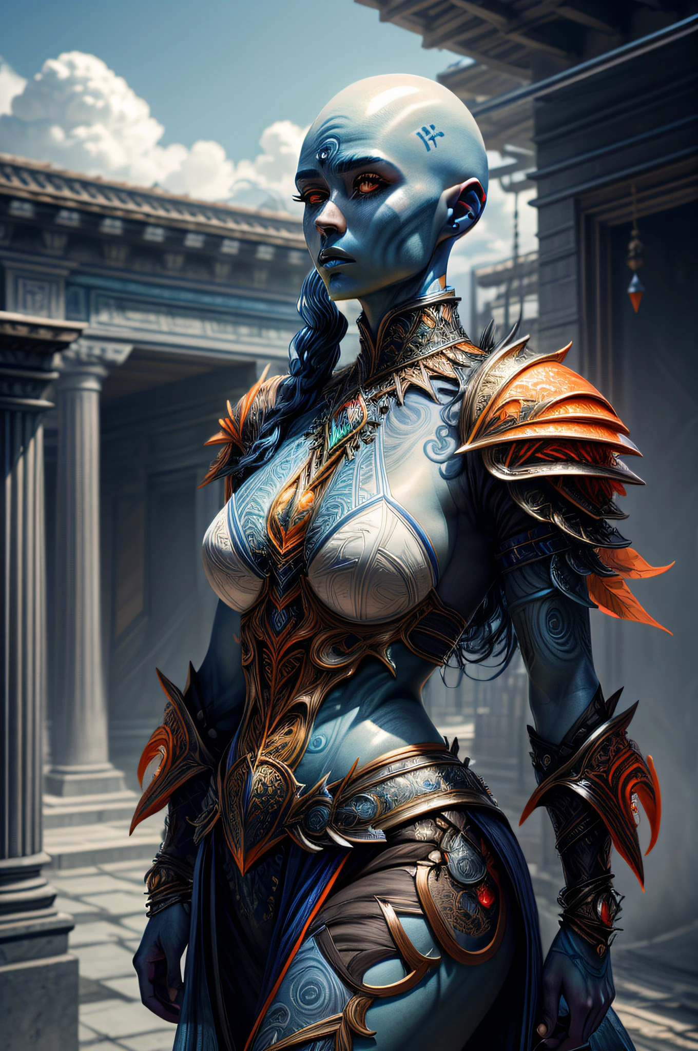 fantasy art, dnd art, RPG art, drkfntasy wide shot, (masterpiece:1.3), full body intense details, highly detailed, photorealistic, best quality, highres, portrait of a exotic race vedalken female (fantasy art, Masterpiece, best quality: 1.3) (blue colored skin: 1.3), intense details facial detail fantasy art, Masterpiece, best qualitGlowingRunes_palebluey)cleric, (blue colored skin: 1.3) 1person blue_skin, (bald head: 1.4), intense green eye, fantasy art, Masterpiece, best quality) armed a glowing sword , wearing heavy (white: 1.3) half plate mail armor LnF wearing high heeled laced boots, wearing an(orange :1.3) cloak within fantasy temple background and sun and clouds, reflection light, high details, best quality, 16k, [ultra detailed], masterpiece, best quality, (extremely detailed), dynamic angle, ultra wide shot, photorealistic, RAW, fantasy art, dnd art, fantasy art, realistic art