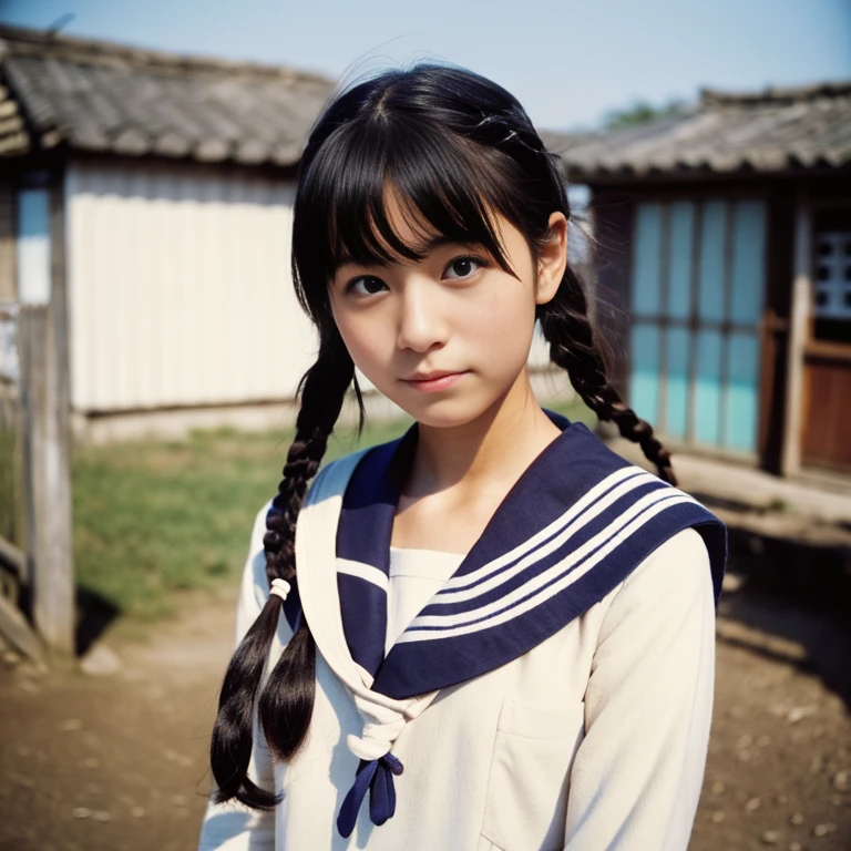 A Japanese young poverty poor copier woman is wearing a sailor style, square, school run with a collar. braid bunches hair. 1958. color slide film.