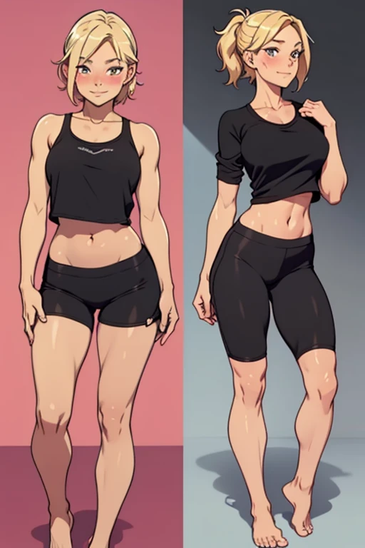 Front and back fullbody image of a beautiful barefoot  happy blushing blonde woman wearing short black workout clothes.