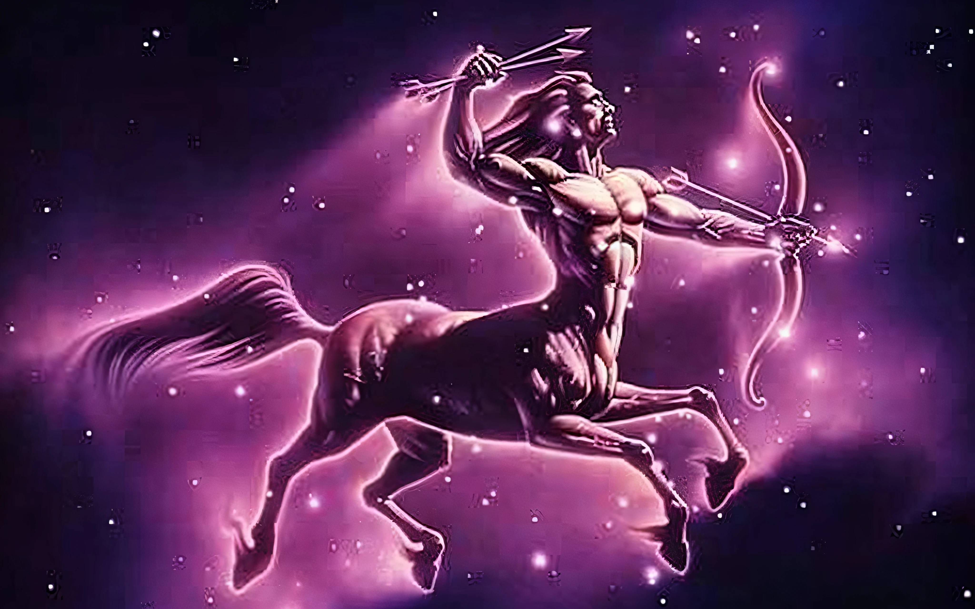 Illustration of centaurs with luminous lines, centaurs holding spears, stars and starry sky, constellations, constellation Centaurus, 1man, (a man wearing a shawl)