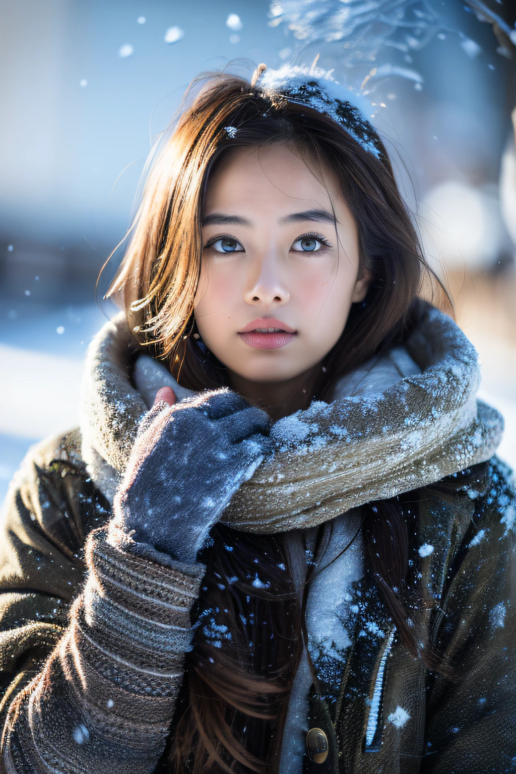 (8k, best quality, masterpiece, ultra highres:1.2) Photo of Pretty Japanese woman
 in the (style of paul rubens and rebecca guay:1.1) (melancholy winter snow:1.4)