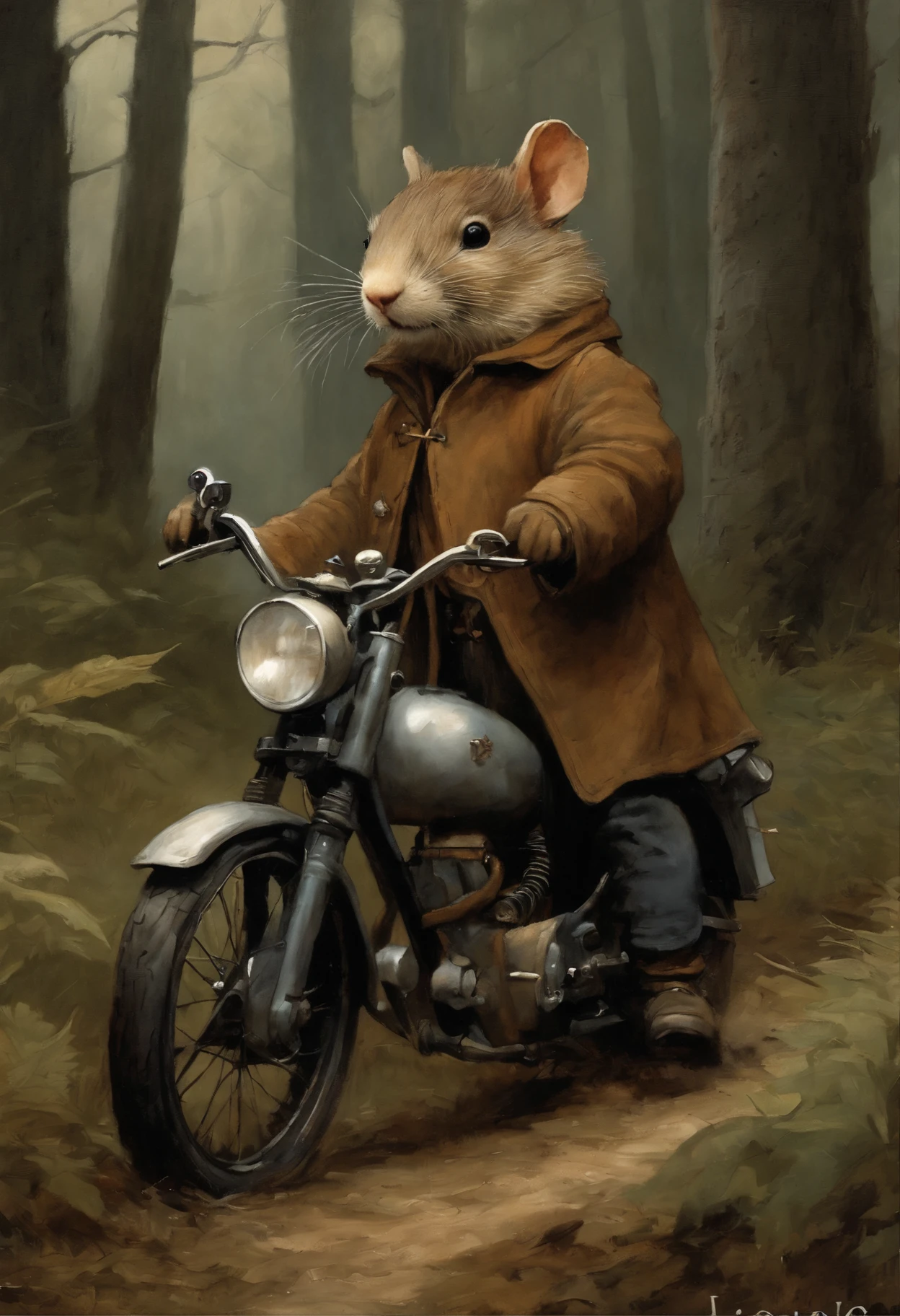 真实感, dark fantasy style, John Tolkien style, Small painting by Jean-Baptiste Monge, fluffy gopher with big ears, looks like a gopher girl, Dressed in a short dark fur coat., Jeans, standing next to a motorcycle, woods, Forest Trail, Big Oak, jean - baptiste monge, anthropomorphic --ar 2:3 --testp -optimistic;