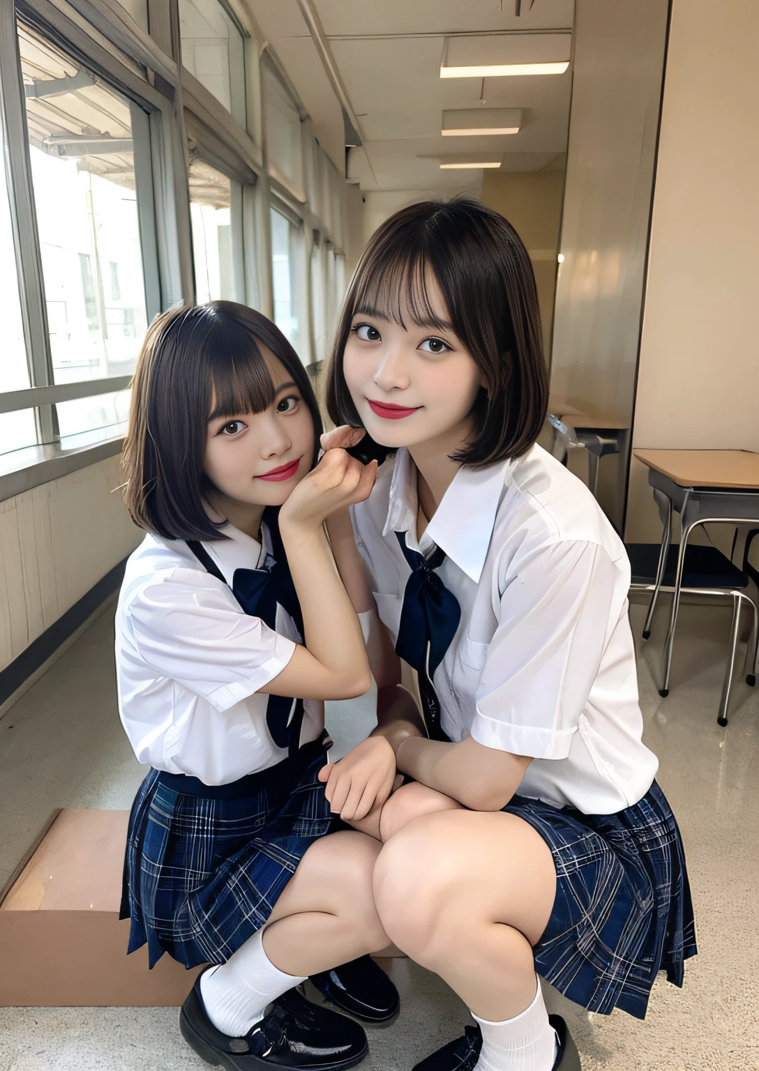 Female duo、finely detail, hight resolution, hightquality、Bob Layer Cut、Perfect dynamic composition, Beautiful detailed eyes, Bob Layer Cut、From Verase、From below、From below、school classrooms、Squatting、long legged、despise、Looking at the camera、Random Poses、Natural Color Lip, 23years old、two individuals、shipping、Transparent skin、School Uniforms、Random Poses、Glowing hair、Inside the school、Fashionable clothes、Shibuya、Gelato Pique、a room、friend with beautiful legs、Shake your head、Laugh、A smile