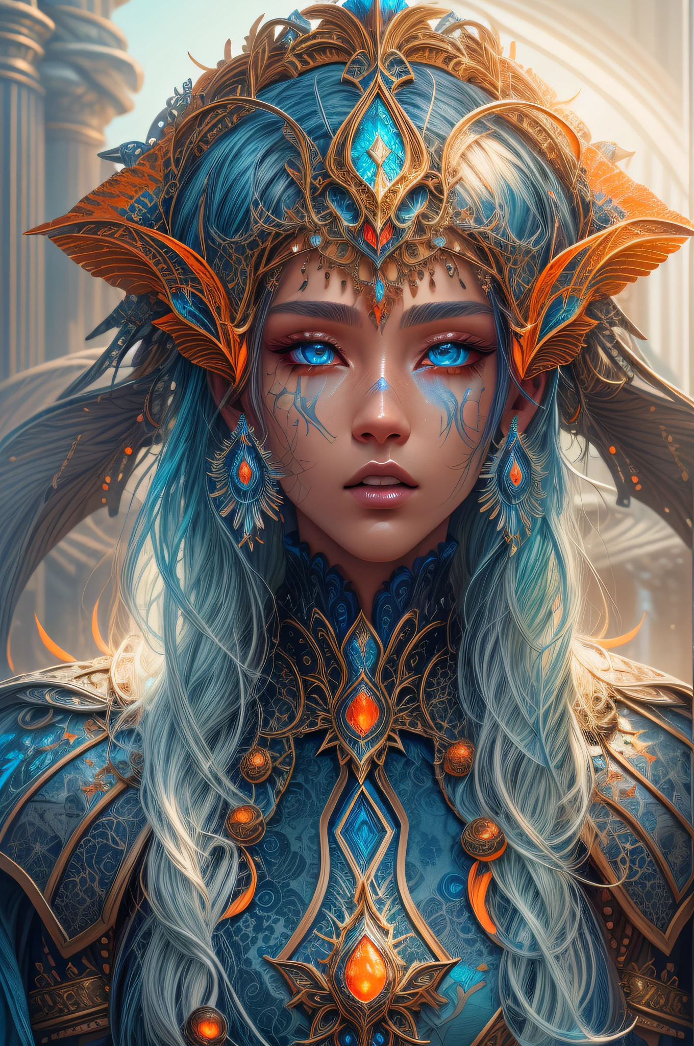fantasy art, dnd art, RPG art, drkfntasy wide shot, (masterpiece:1.3), full body intense details, highly detailed, photorealistic, best quality, highres, portrait of a exotic race vedalken female (fantasy art, Masterpiece, best quality: 1.3) (blue colored skin: 1.3), intense details facial detail fantasy art, Masterpiece, best qualitGlowingRunes_palebluey)cleric, (blue colored skin: 1.3) 1person blue_skin, (bald head: 1.4), intense green eye, fantasy art, Masterpiece, best quality) armed a glowing sword GlowingRunes_paleblue , wearing heavy (white: 1.3) half plate mail armor LnF wearing high heeled laced boots, wearing an(orange :1.3) cloak within fantasy temple background and sun and clouds, reflection light, high details, best quality, 16k, [ultra detailed], masterpiece, best quality, (extremely detailed), dynamic angle, ultra wide shot, photorealistic, RAW, fantasy art, dnd art, fantasy art, realistic art