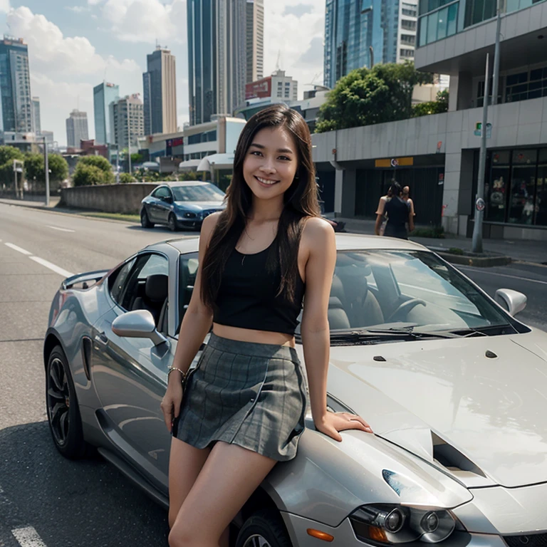 Full length, a young Thai woman with shoulder-length hair, smiling slightly. Wear a sheer tank top. Wearing a short skirt, on the side of the road, on the skyline, there are supercars, tall buildings, 3D images, clouds.