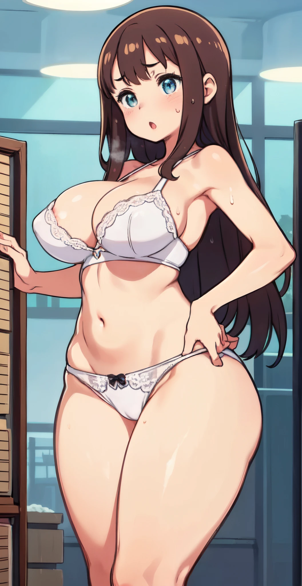 (Perfect body),Best Quality,(8K Portrait),(Official art)、((NSFW))、((Big Big Breasts))、((thick thight))、((big butts))、(long))、(Brown hairs)、((Sweat))、((light blue underwear with white lace))、((:o))、(embarrassed from)、1girl in、atlibrary