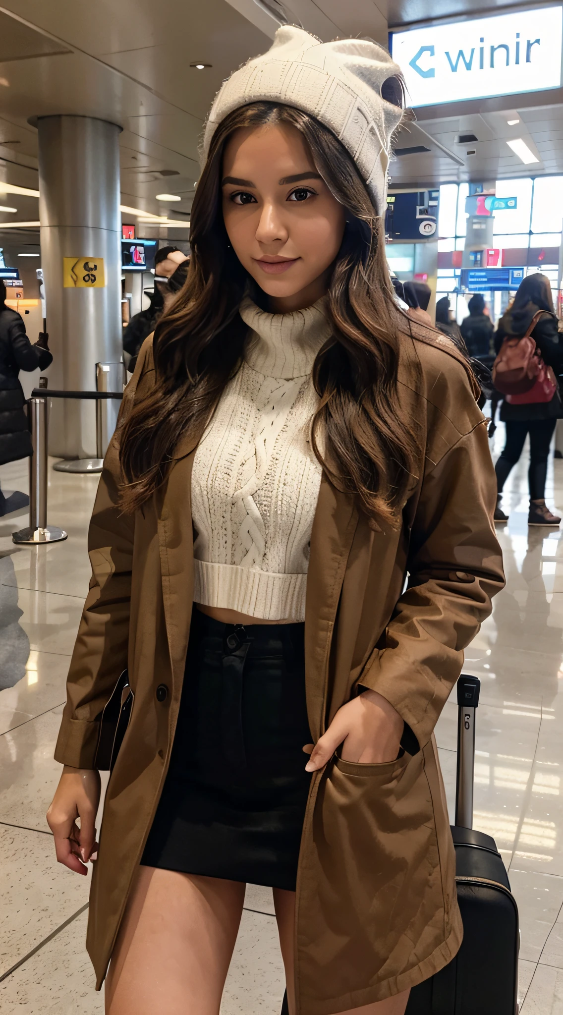 woman, 25 years old, long wavy brown hair, instagram influencer, at the airport, winter clothes