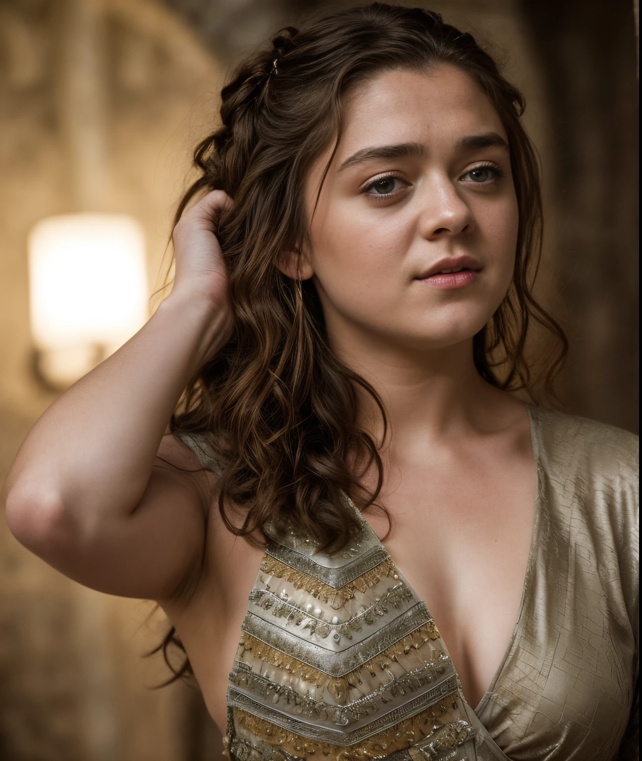 Foto RAW, Arya Stark, Extremely gorgeous lady, Arya Stark PLAYED BY MAISIE WILLIAMS, Queen Arya Stark, she  a mature woman now, milf, sexy mediaeval battle dress, gladiator woman, body, 40 years old Woman, body revealing costumes, perky breast, big natural breast, erotic costumes, lusty physique, seductive figure can capture every people's attention, Game of thrones costumes, revealing captivating figure, Mediaeval costumes, revealing clothes, A tomboy, she would rather fence than dance, warrior queen , game of thrones screen caps, Game of Thrones Series, (pele altamente detalhada: 1.2), 8k UHD, DSLR, soft-lighting, alta qualidade, grain of film, Fujifilm XT3, flawless picture, highly detailed, detailed Beauty, intricate, 32k, sharp picture,