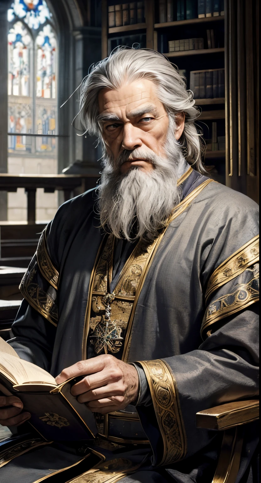 1 man, old man, solo focus, 132 years old, wise face, medium grey hair and beard, medieval scholar costume, tall body, light grey eyes, masterpiece, ultra HD, insane details, realistic, detailed face, detailed skin texture, blurred background, library, medieval times, holding large books, perfect hand, perfect details, golden ornaments, symmetrical eyes, perfect eyes