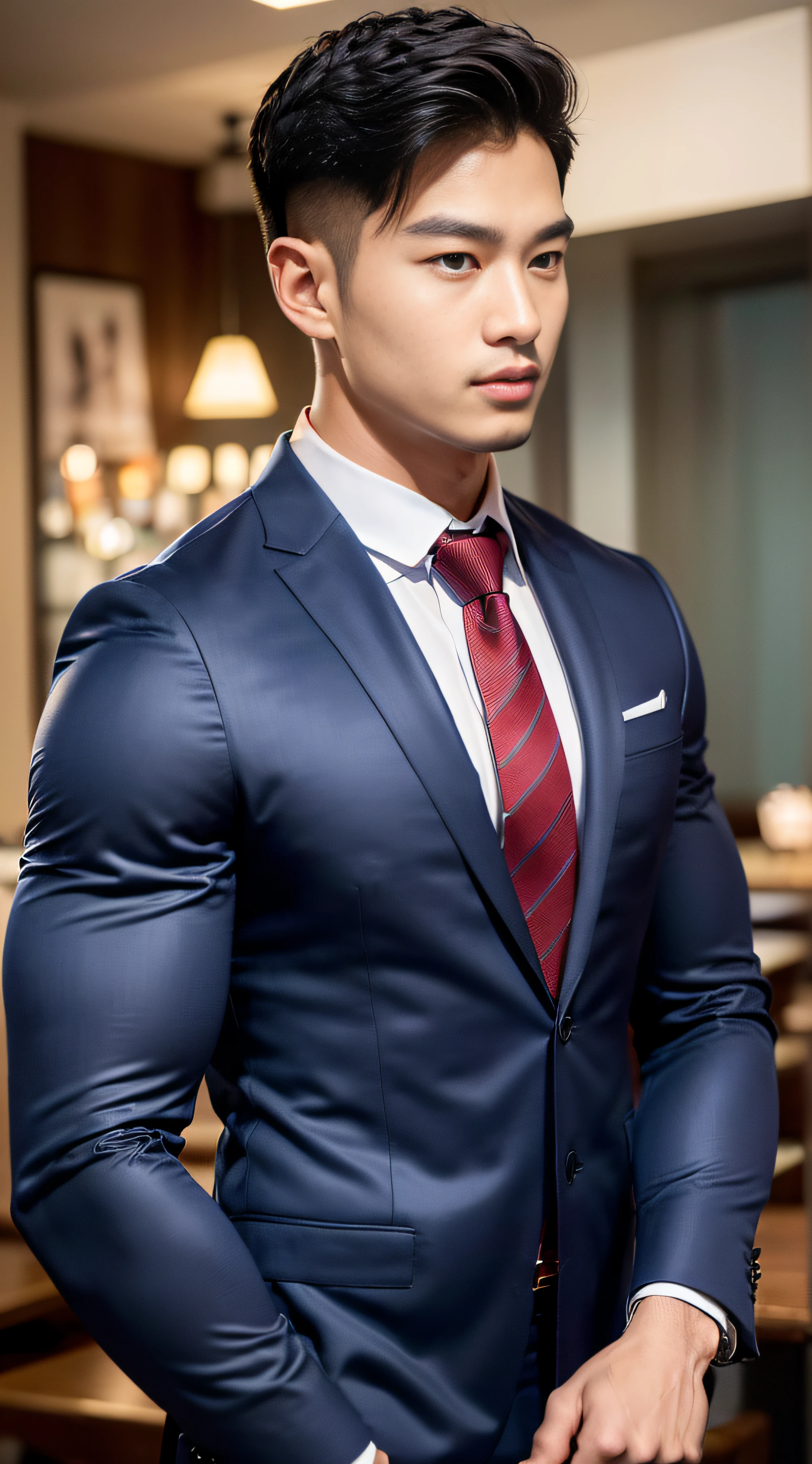 (masterpiece: 1.2),(CGI Art:1.3),(Realistic:1.5),(Post Processing:1.3), (crisp focus:1.3), 1 man, (Necktie suit), Navy Cargo Pants, Young Korean , Korean Men, (High shadow detail), Pectoral muscles, Big arm muscles, blood vessel, Big muscles, Wide shoulders, looking at the audience, balance eyes, nightclub, bar, Cafe