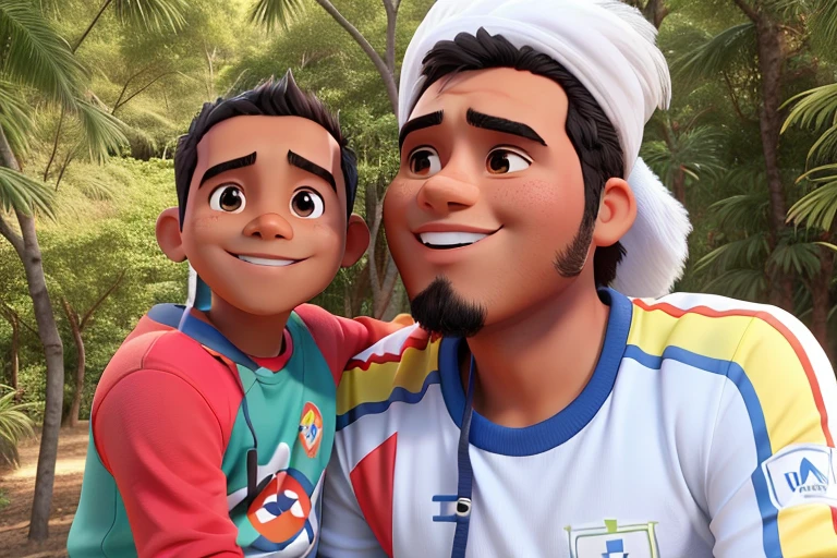 Um pai carregando seu filho no colo,ambos sorridentesa, contra o plano de fundo de um fundo de folhas de bambu