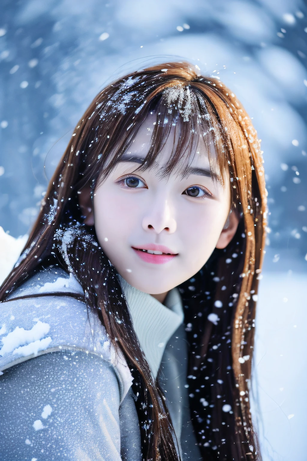 realistic photos of (1 cute Korean star) Shoulder-length hair, thin makeup, medium breasts size, wearing coat, in the snow, clear facial features, 8K high resolution, sharp and realistic details.from outside, Eye-Level Shot, f/4.0, 135mm, Fujifilm, jpeg artifacts, dithering, UHD, masterpiece