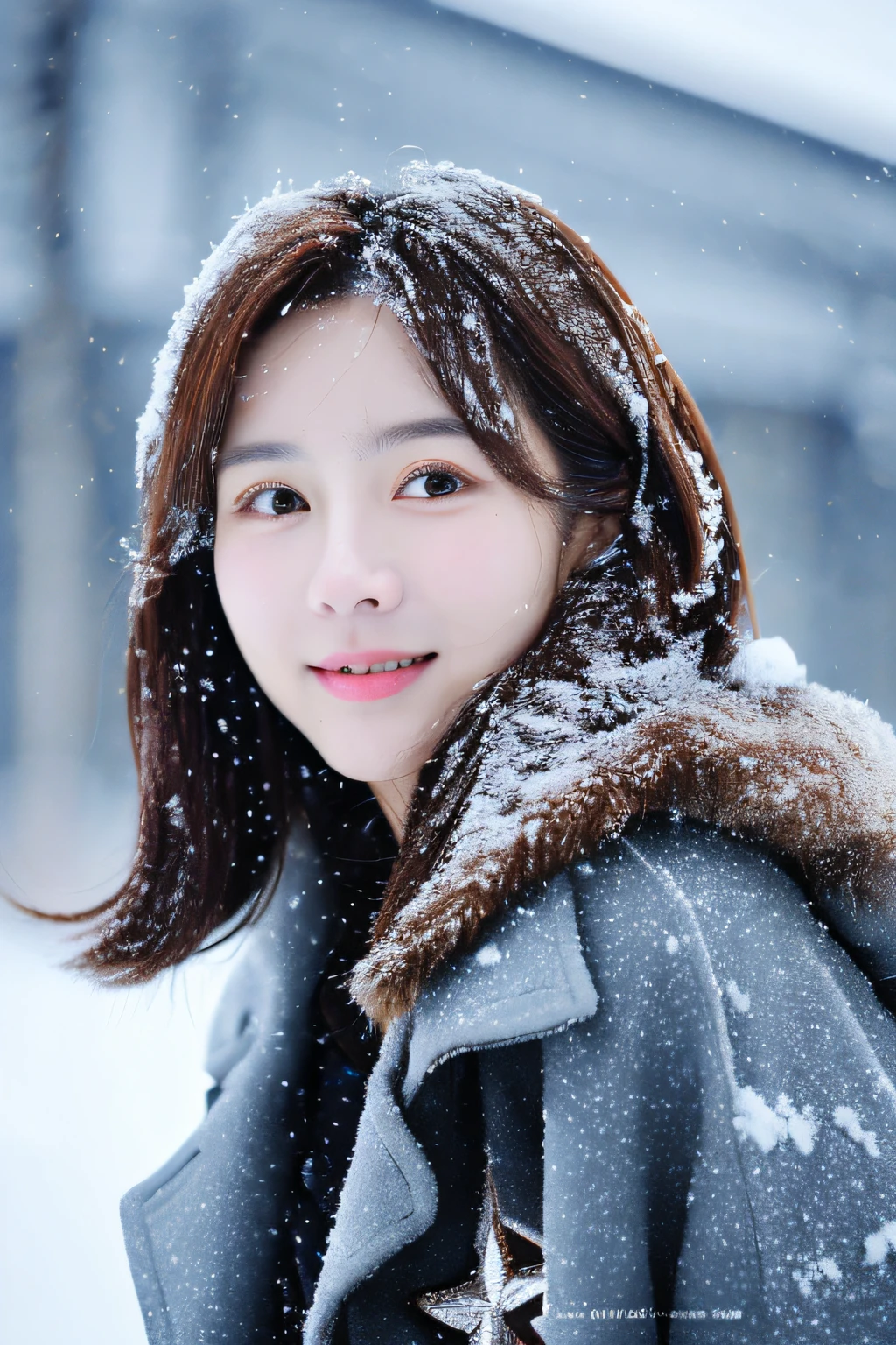 realistic photos of (1 cute Korean star) Shoulder-length hair, thin makeup, medium breasts size, wearing coat, in the snow, clear facial features, 8K high resolution, sharp and realistic details.from outside, Eye-Level Shot, f/4.0, 135mm, Fujifilm, jpeg artifacts, dithering, UHD, masterpiece