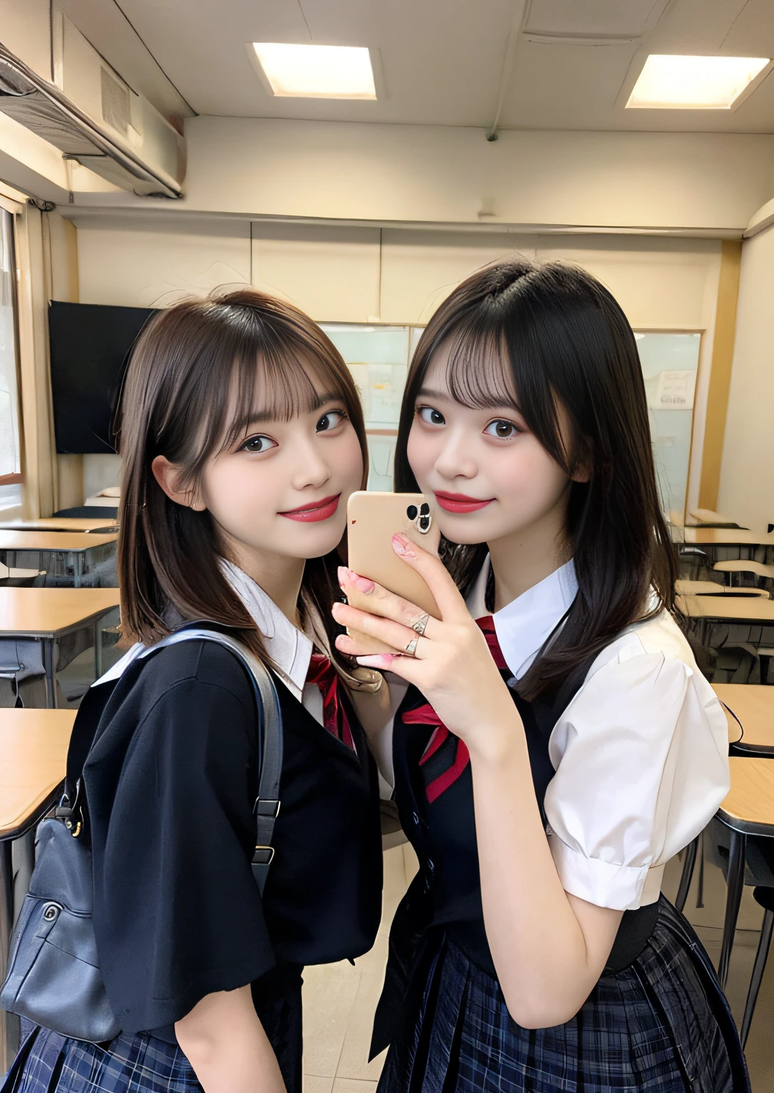 Female duo、finely detail, Calling、Holding a smartphone in your hand、hight resolution, hightquality、Perfect dynamic composition, Beautiful detailed eyes, Bob Layer Cut、From Verase、From below、From below、school classrooms、Squatting、long legged、despise、Looking at the camera、Random Poses、Natural Color Lip, 23years old、two individuals、shipping、Transparent skin、School Uniforms、Random Poses、Glowing hair、Inside the school、Fashionable clothes、Shibuya、Gelato Pique、a room、friend with beautiful legs、Shake your head、Laugh、A smile