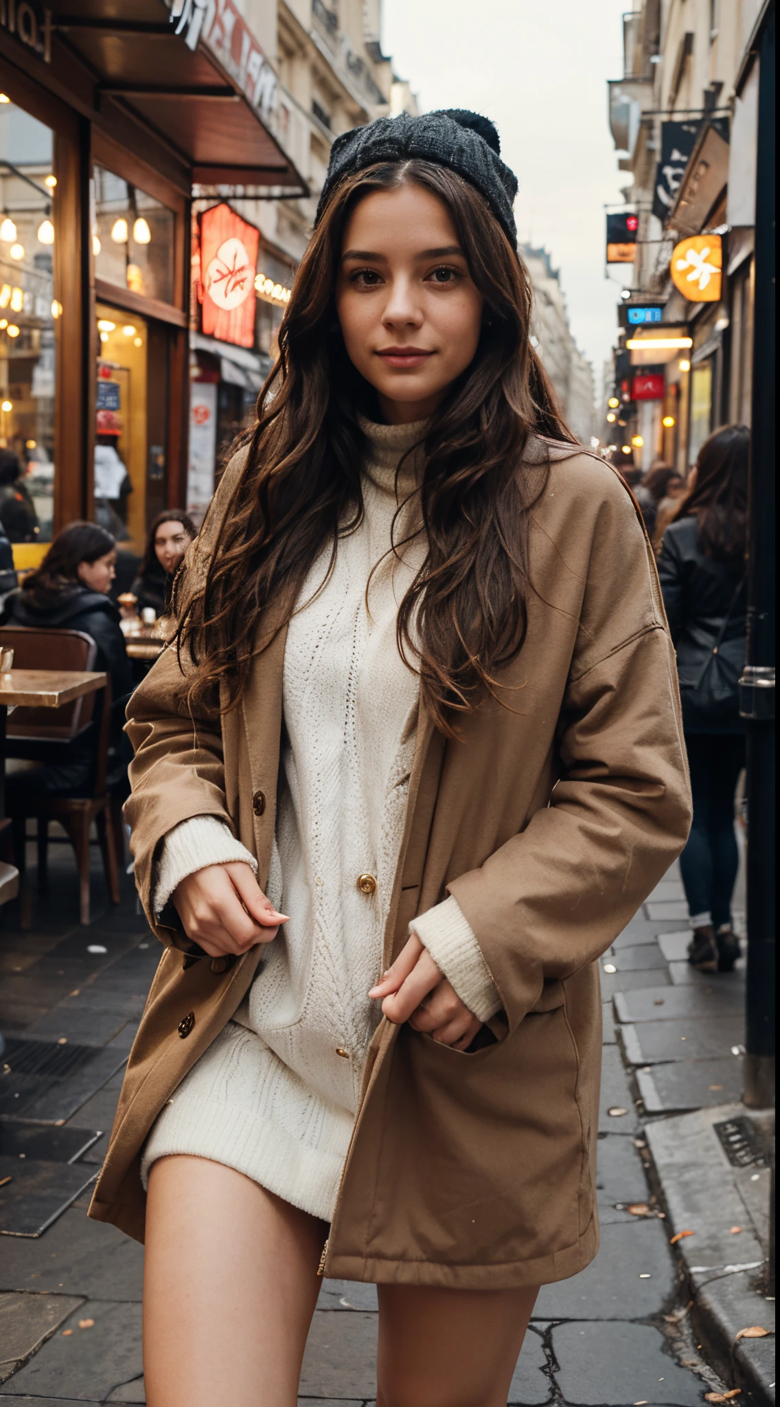 woman, wavy long hair, winter clothes, in front of a restaurant in Paris