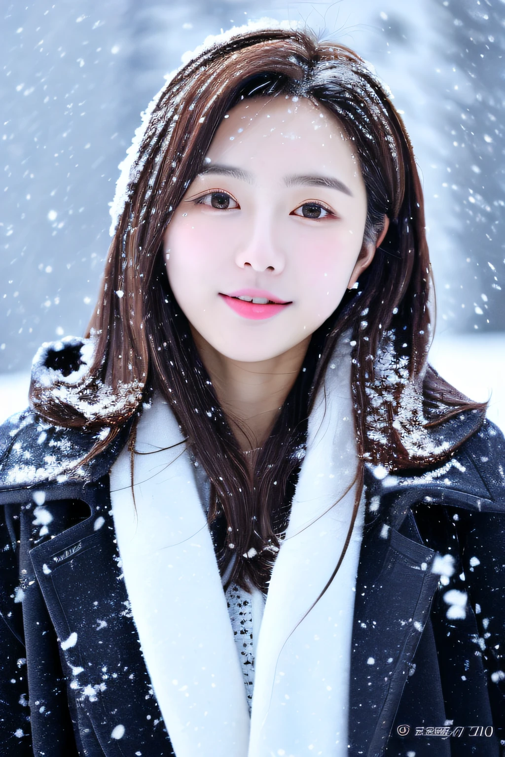 realistic photos of (1 cute Korean star) Shoulder-length hair, thin makeup, medium breasts size, wearing coat, in the snow, clear facial features, 8K high resolution, sharp and realistic details.from outside, Eye-Level Shot, f/4.0, 135mm, Fujifilm, jpeg artifacts, dithering, UHD, masterpiece