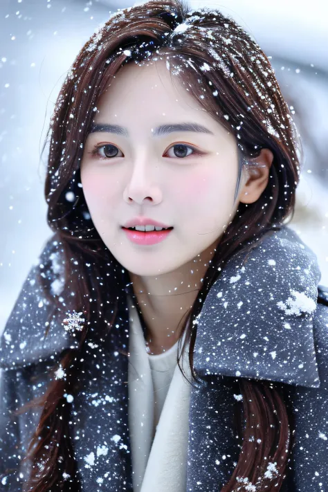 realistic photos of (1 cute korean star) shoulder-length hair, thin makeup, medium breasts size, wearing coat, in the snow, clea...