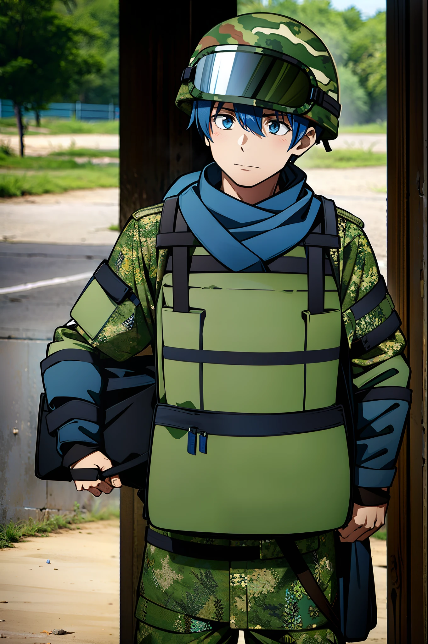 Male combat medic with unkempt blue hair, wearing camouflage combat helmet and scarf up to his face, carrying a bag on his back