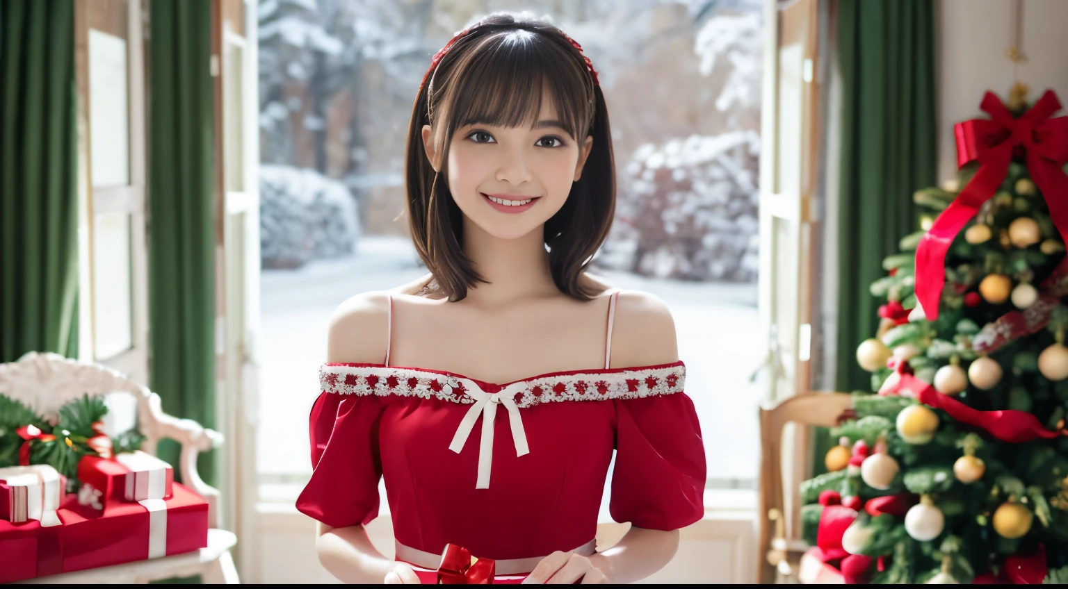 (Young woman in a beautiful red dress, holding a gift box decorated with a ribbon、Standing in front of a beautifully decorated Christmas tree),illustration,Christmas,Fun atmosphere,Flashing light,Soft snowflakes fall,bestquality,10,ultra-detail,vibrant colours,Pine scent,cozy,romantic,cheerful,breathtaking scenery,warmth,Happiness,superb,holiday spirit,Winter Wonderland,Pure love and kindness.、off shoulders、I have tall hair and short hair..