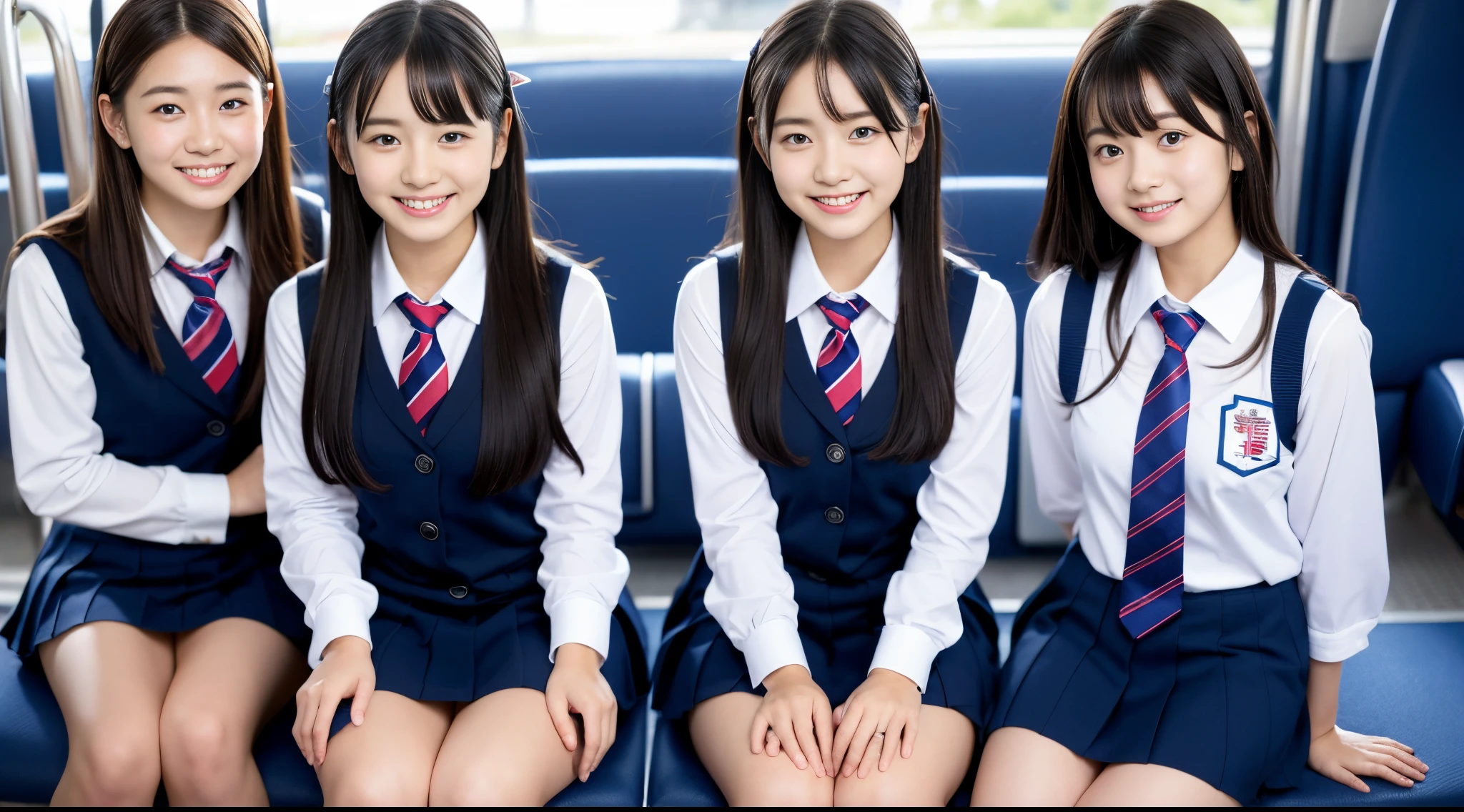 Center view、Arafe asian woman in short skirt and bow tie sitting on train、cute school girl、Japan Girl Uniform、Wearing Japan school uniform、Japan School Uniforms、a hyperrealistic schoolgirl、Dressed as a schoolgirl、a hyperrealistic schoolgirl、Wearing a uniform、Realistic Schoolgirl、Girl in Uniform、Wearing a uniform、Schoolgirl Pose、full body Esbian、Nice skin、glistning skin、lovely thighs、glowing thigh、Shining Rigareg , High School in Japan 、乃木坂アイドル、韓国アイドル