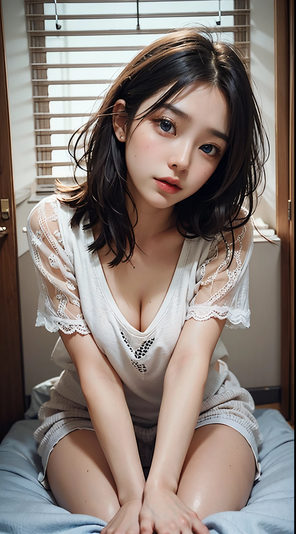 An ultra-high picture quality、japanes、1 woman around 20 years old、Black hair、short-cut、Beautiful face with blue eyes、A detailed face、Detailed eyes、realisticeyes、Detailed skin、realskin、Detailed hair strands、dishevled hair、disheveled hair、Slim body、Beautiful body、styles、In a moonlit room、((Sit on both knees))、on the beds、Put your face on your lap、((tilted my head to the side))、((Sad look))、(room at night)、