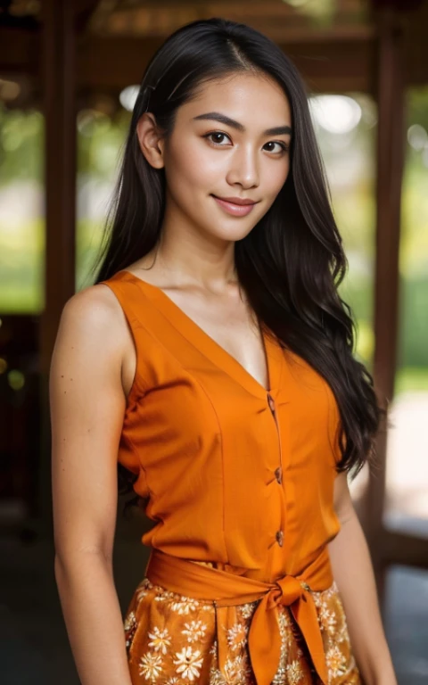 girl 25 years old, (masterpiece), Indonesian skin tone, best quality, expressive eyes, perfect face, (ultra realistic), (Orange Formal Suit), Smile, Long Black Hair, innocent face, natural wavy hair, brown eyes, High resolution, masterpiece, Best quality, intricate high detail, highly detailed, focus sharp focus, detailed skin, realistic skin texture, texture, detailed eyes, professional, 4K, charming smile, filmed on Canon, 85 mm, shallow depth of field, Kodak Vision Color, perfect fit body, Extremely detailed, photograph_\(ultra\ ), photoreallistic, Realstic, Post-processing, Maximum details, roughness, real life, ultra realist, photorealism, photography, 8K UHD, photography, NSFW