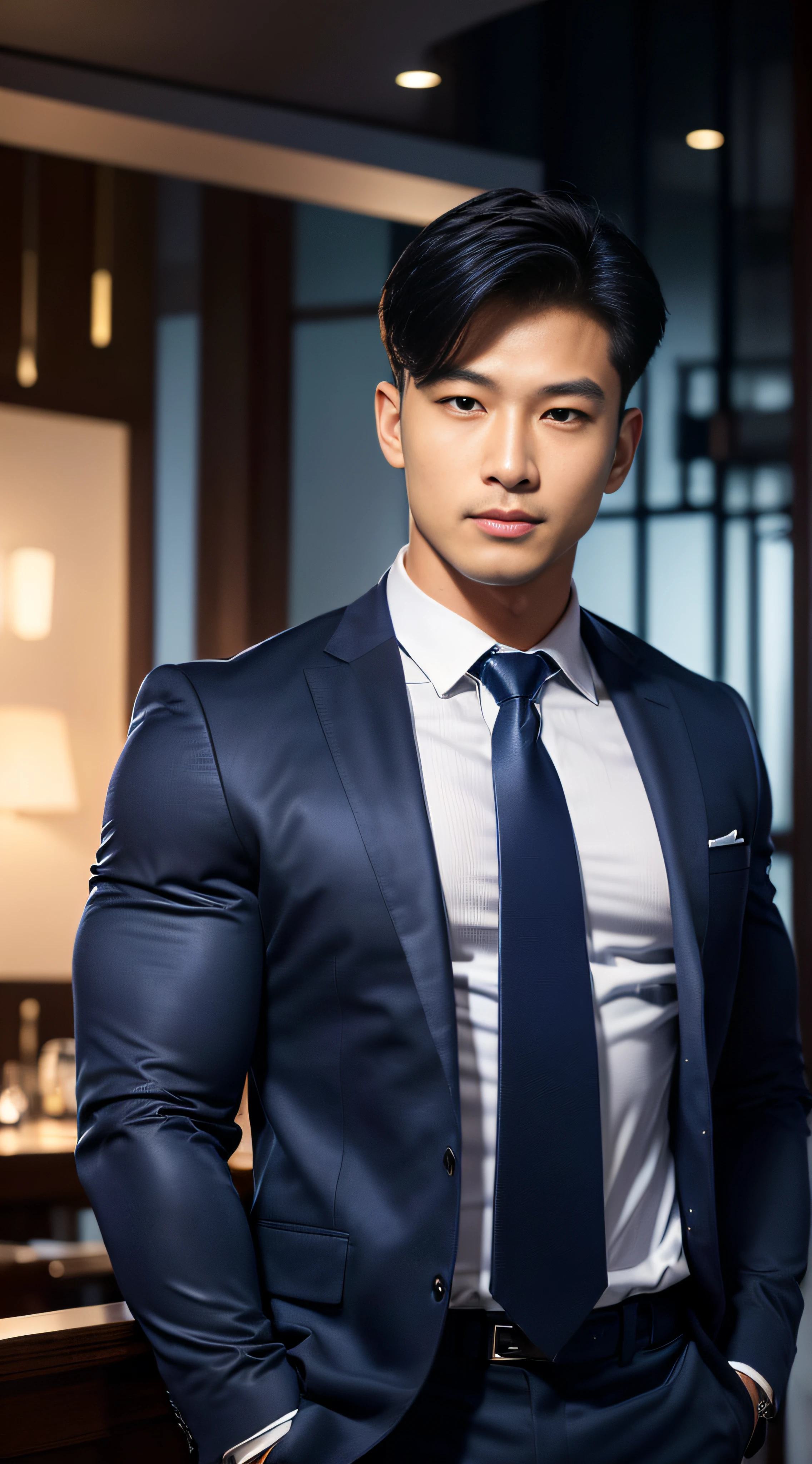 (masterpiece: 1.2),(CGI Art:1.3),(Realistic:1.5),(Post Processing:1.3), (crisp focus:1.3), 1 man, (Blue suit, Blue tie), Navy Cargo Pants, Young Korean , Korean Men, (High shadow detail), Pectoral muscles, Big arm muscles, blood vessel, Big muscles, Wide shoulders, looking at the audience, balance eyes, nightclub, bar, Cafe