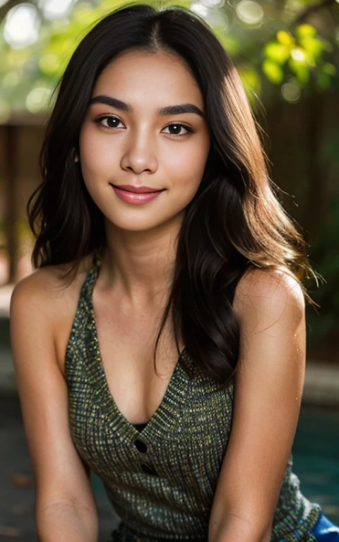 girl 25 years old, (masterpiece), Indonesian skin tone, best quality, expressive eyes, perfect face, (ultra realistic), (Orange Formal Suit), Smile, Long Black Hair, innocent face, natural wavy hair, brown eyes, High resolution, masterpiece, Best quality, intricate high detail, highly detailed, focus sharp focus, detailed skin, realistic skin texture, texture, detailed eyes, professional, 4K, charming smile, filmed on Canon, 85 mm, shallow depth of field, Kodak Vision Color, perfect fit body, Extremely detailed, photograph_\(ultra\ ), photoreallistic, Realstic, Post-processing, Maximum details, roughness, real life, ultra realist, photorealism, photography, 8K UHD, photography, NSFW, Nude,