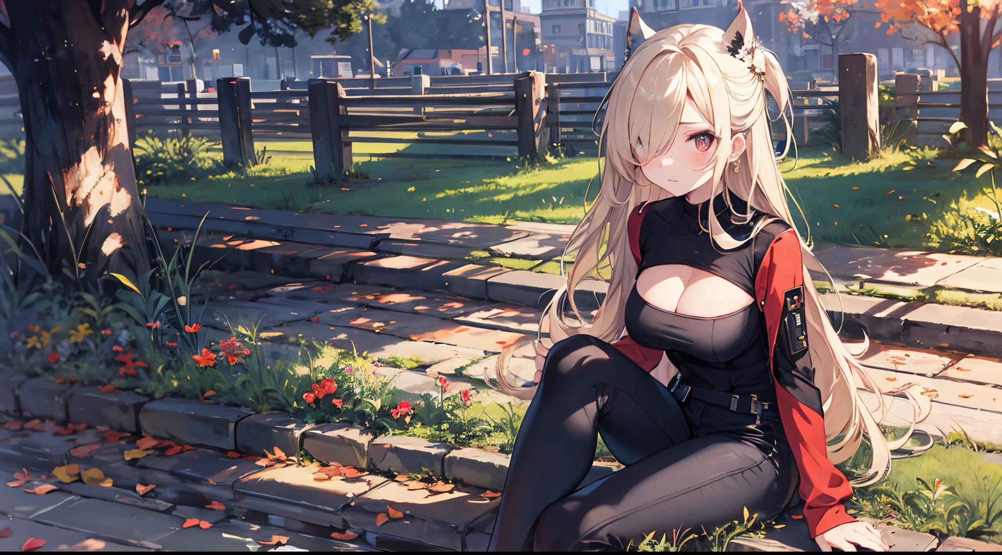 ((tmasterpiece:1.4, Best quality))+, (hyper-detailing)+, (exquisite red eye:1.5)+, (Detailed ears:1.5), (cute girls), (The shirt,black long pants:1.5), Tight black silk, Very long hair, (Red Odachi:1.2), pale-skinned, (red cloth:1.5), (cloth shoes:1.4), town, Sitting on a park bench, gold earring, blue butterflies, delicate legs,spark effect,Red sunglasses, (Art Girl:1.1), (dawn light:1.2), ), (closeup cleavage:1.1), the only person, Hairbell, combed blonde hair, hair covering one eye, V-shaped eyebrows, Gloom (have expressed), from back, from the above, Best quality, A high resolution, high detal, high high quality, 16k