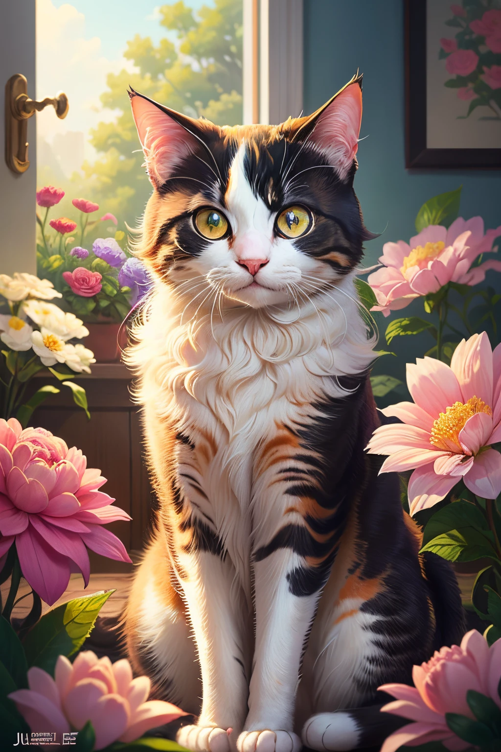 There was a cat sitting in a bouquet of flowers, Cute detailed digital art, cute detailed artwork, 4k highly detailed digital art, Beautiful digital artwork, 4K detailed digital art, gorgeous digital art, beautiful digital art, Detailed painting 4 K, cat detailed, Beeple and Jeremiah Ketner, Highly detailed digital art, lovely digital painting