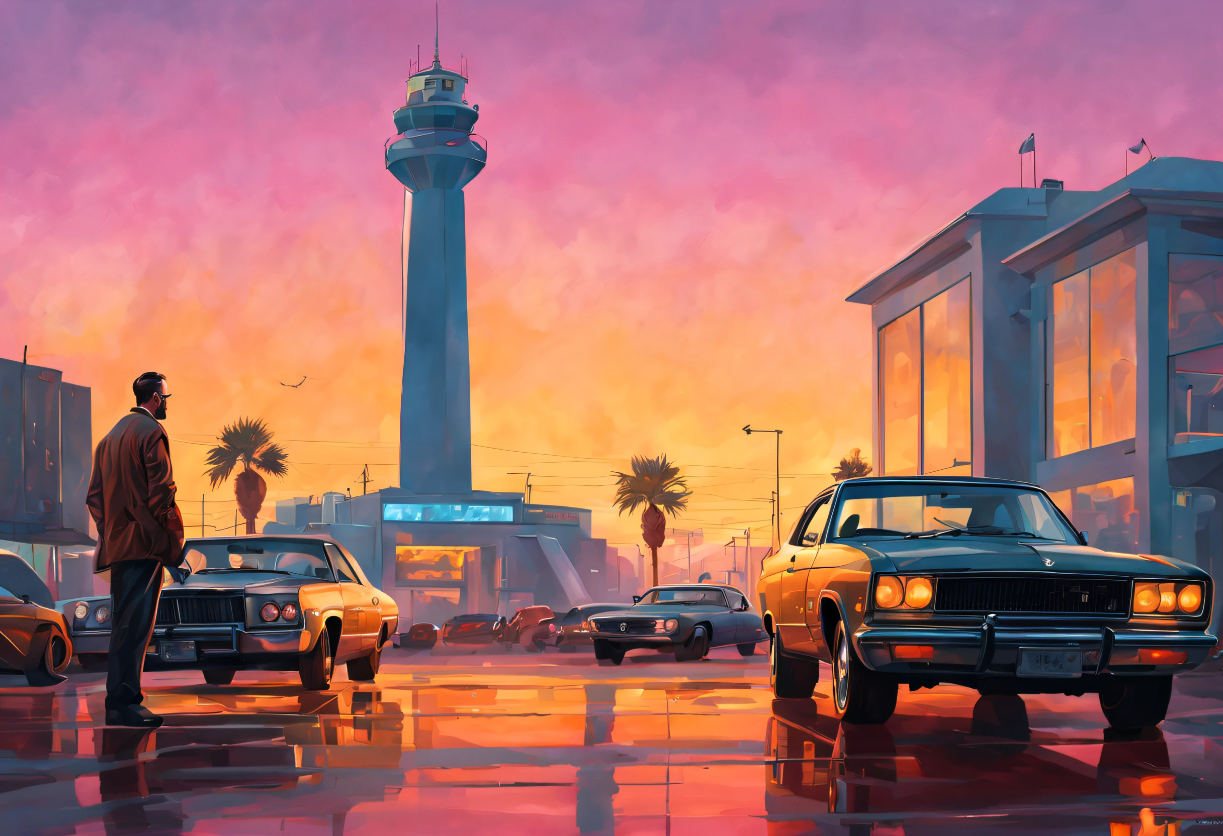 Gta vice city loading screen style, Group of gangsters, platinum jewelry, diamond rings, in a luxuous hotel lobby, sunset, arrogant stance, nice watches, highly detailed digital painting, concept art, smooth, sharp focus, HDR, beautifully shot, symmetric, illustration, professional ominous concept art, by artgerm and greg rutkowski, an intricate, elegant, highly detailed digital painting, concept art, smooth, sharp focus, illustration, in the style of simon stalenhag, wayne barlowe, and igor kieryluk.