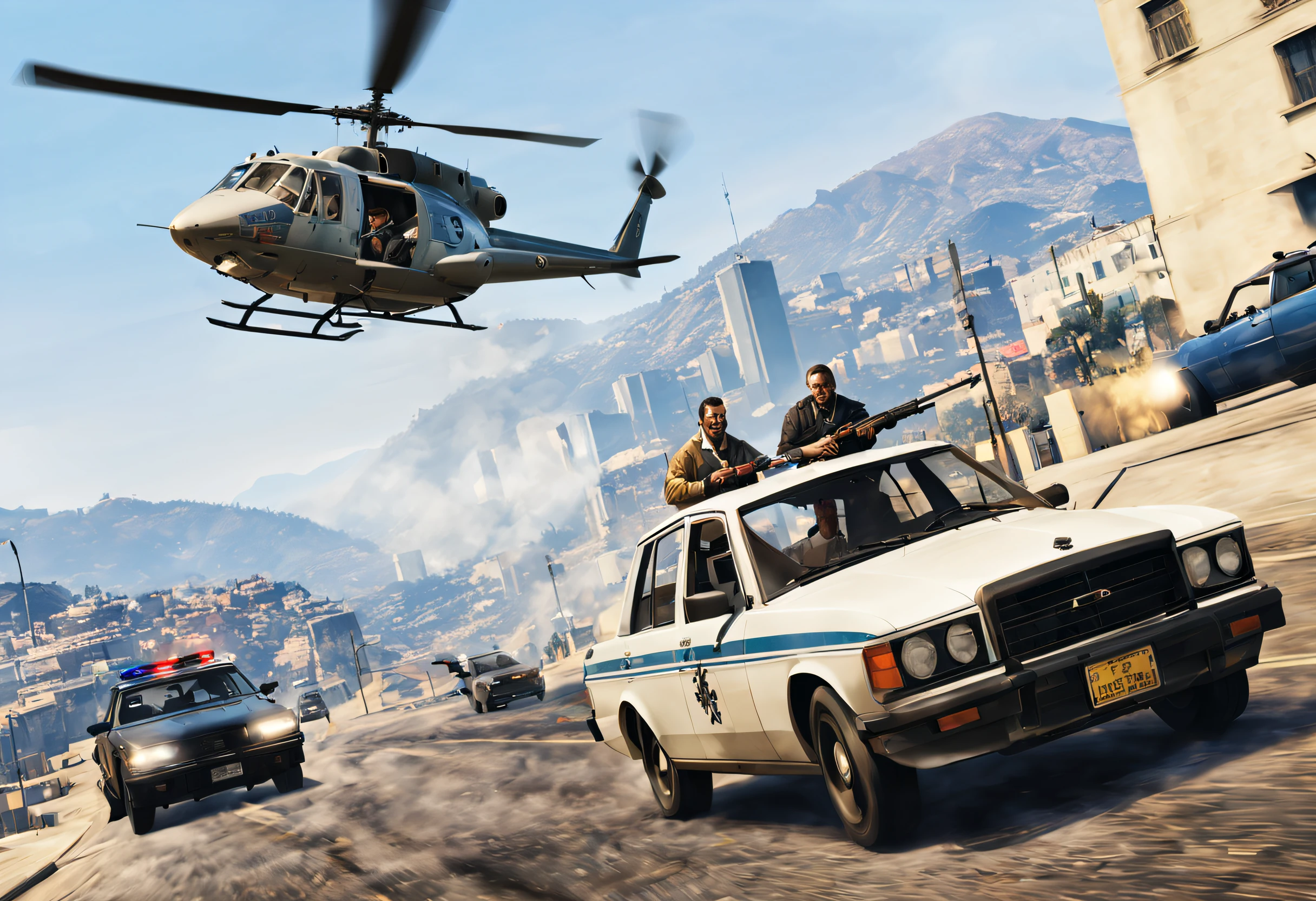 Two thieves on a car shooting firearms while escaping from the police, helicopters and police cars chasing on the background, Grand Theft Auto V Poster art style