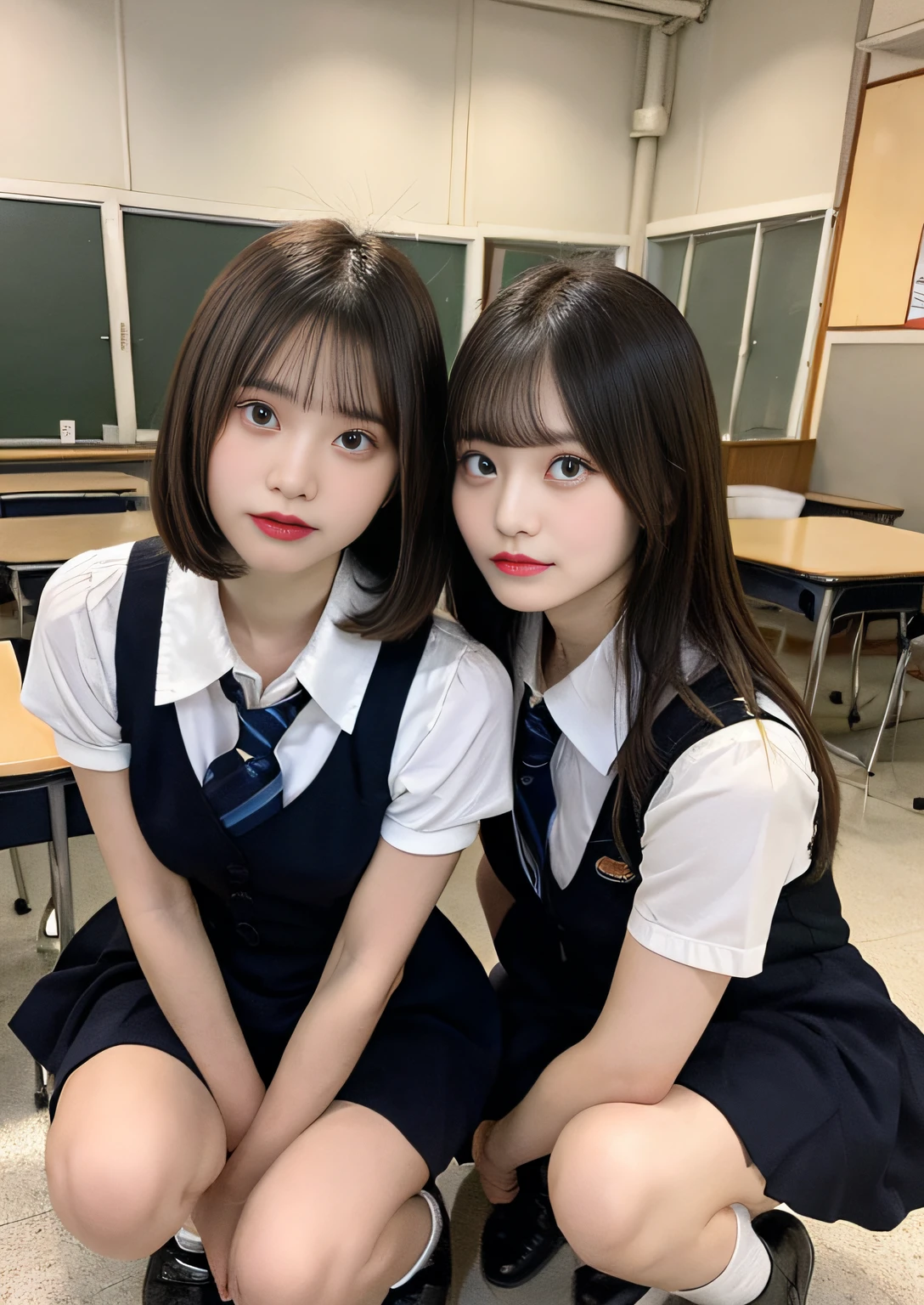 Female duo、finely detail, hight resolution, hightquality、Bob Layer Cut、Perfect dynamic composition, Beautiful detailed eyes, Bob Layer Cut、From Verase、From below、From below、school classrooms、Squatting、long legged、despise、Looking at the camera、Random Poses、Natural Color Lip, 23years old、two individuals、shipping、Transparent skin、School Uniforms、Random Poses、Glowing hair、Inside the school、Fashionable clothes、Shibuya、Gelato Pique、a room、friend with beautiful legs、glares、irate、feeling of disgust