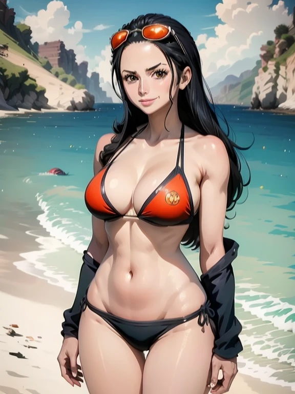 master part, anime, Nico Robin, Anime de One Piece, colorido, black bikini, Orange colored sun glass on head, rosto perfeito, Sorriso Aberto,