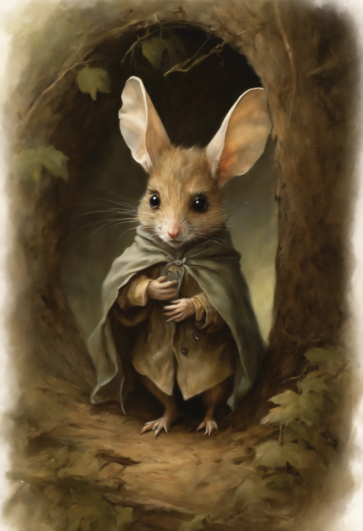 真实感, dark fantasy style, John Tolkien style, Small painting by Jean-Baptiste Monge, furry gremlin with big ears, looks like a cute little fluffy jerboa, Dressed in a raincoat, looking out of the hole , woods, Big Oak, jean - baptiste monge, anthropomorphic --ar 2:3 --testp -optimistic;