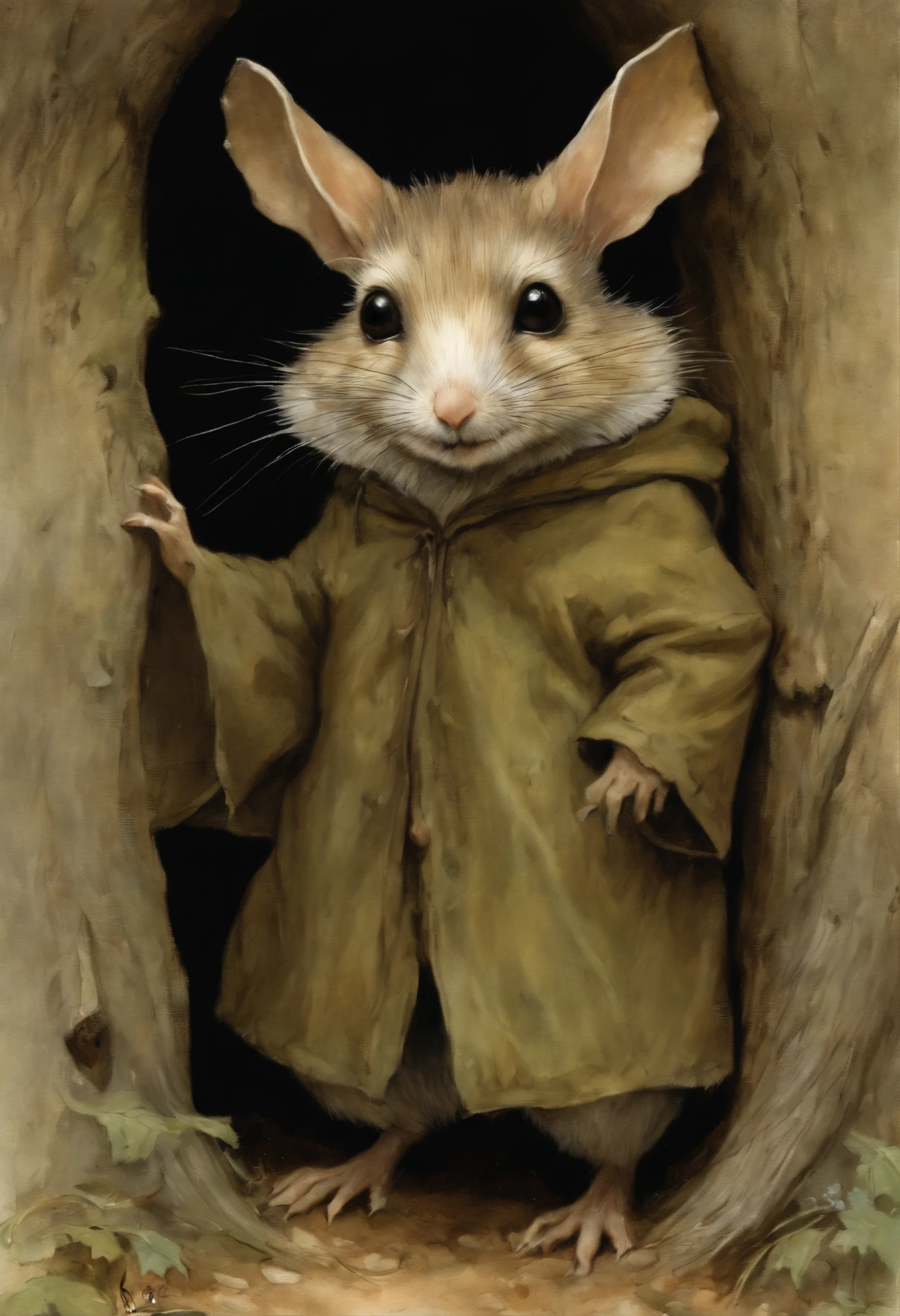 真实感, dark fantasy style, John Tolkien style, Small painting by Jean-Baptiste Monge, furry gremlin with big ears, looks like a cute little fluffy jerboa, Dressed in a raincoat, looking out of the hole , woods, Big Oak, jean - baptiste monge, anthropomorphic --ar 2:3 --testp -optimistic;